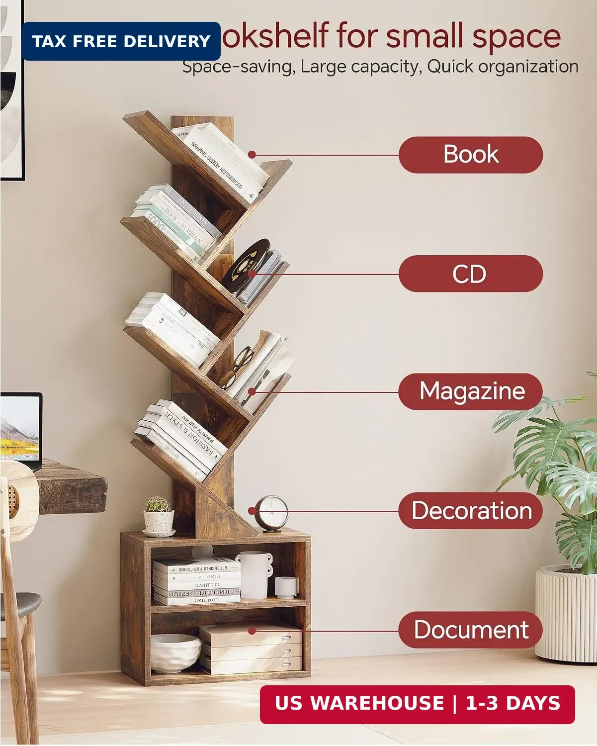 6 Tier Tree Bookshelf, Small Bookcase with Storage Cabinet, Modern Tall Narrow B