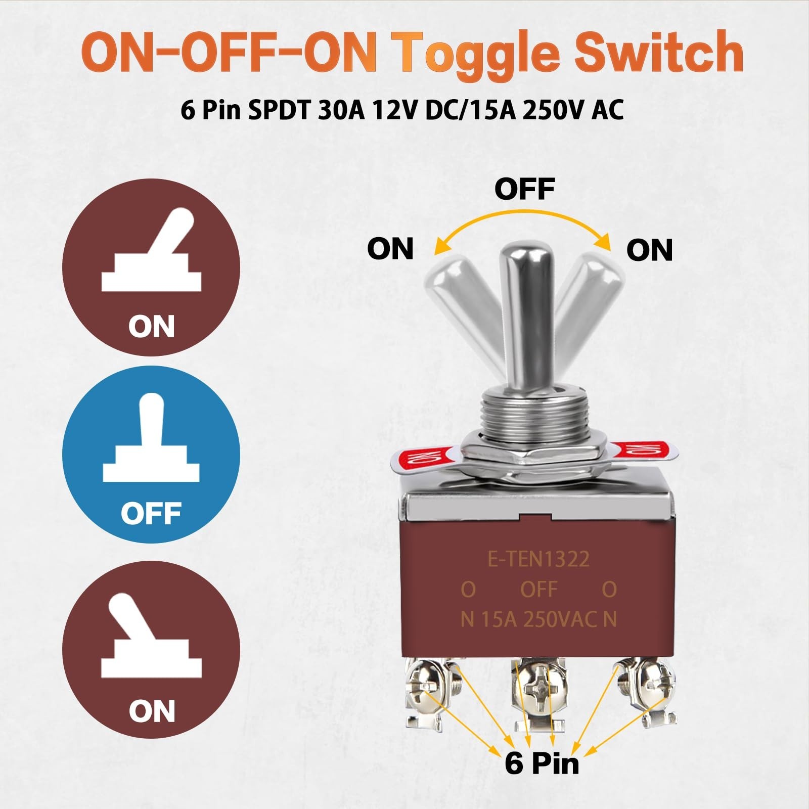 5 Pack Waterproof Toggle Switch 6 Pin ON-OFF-ON 12V DC 30A DPDT for Car Boat Aut