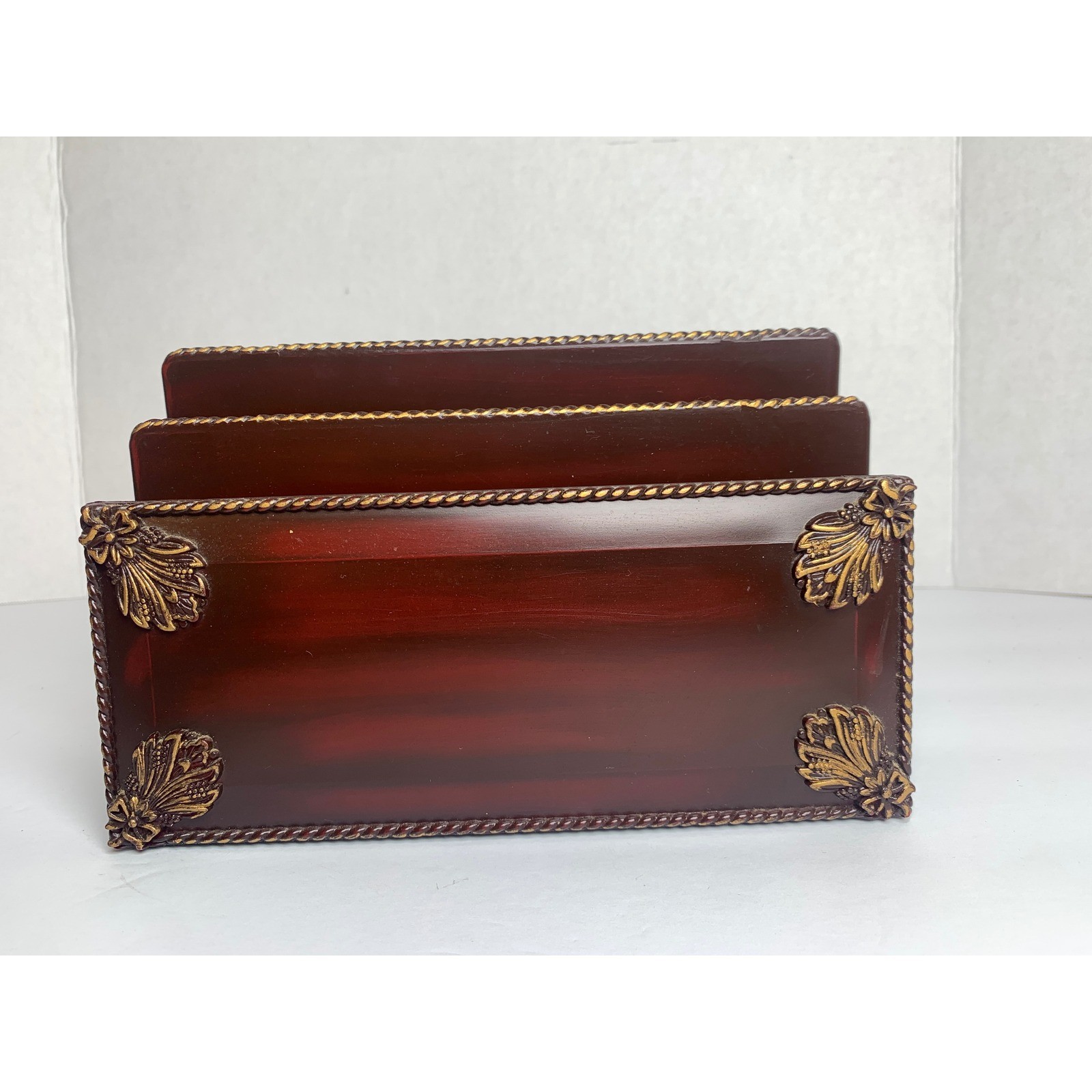 Vintage Mahogany Style Letter Organizer Gold Acanthus Leaf Desk Mail Sorter 8in