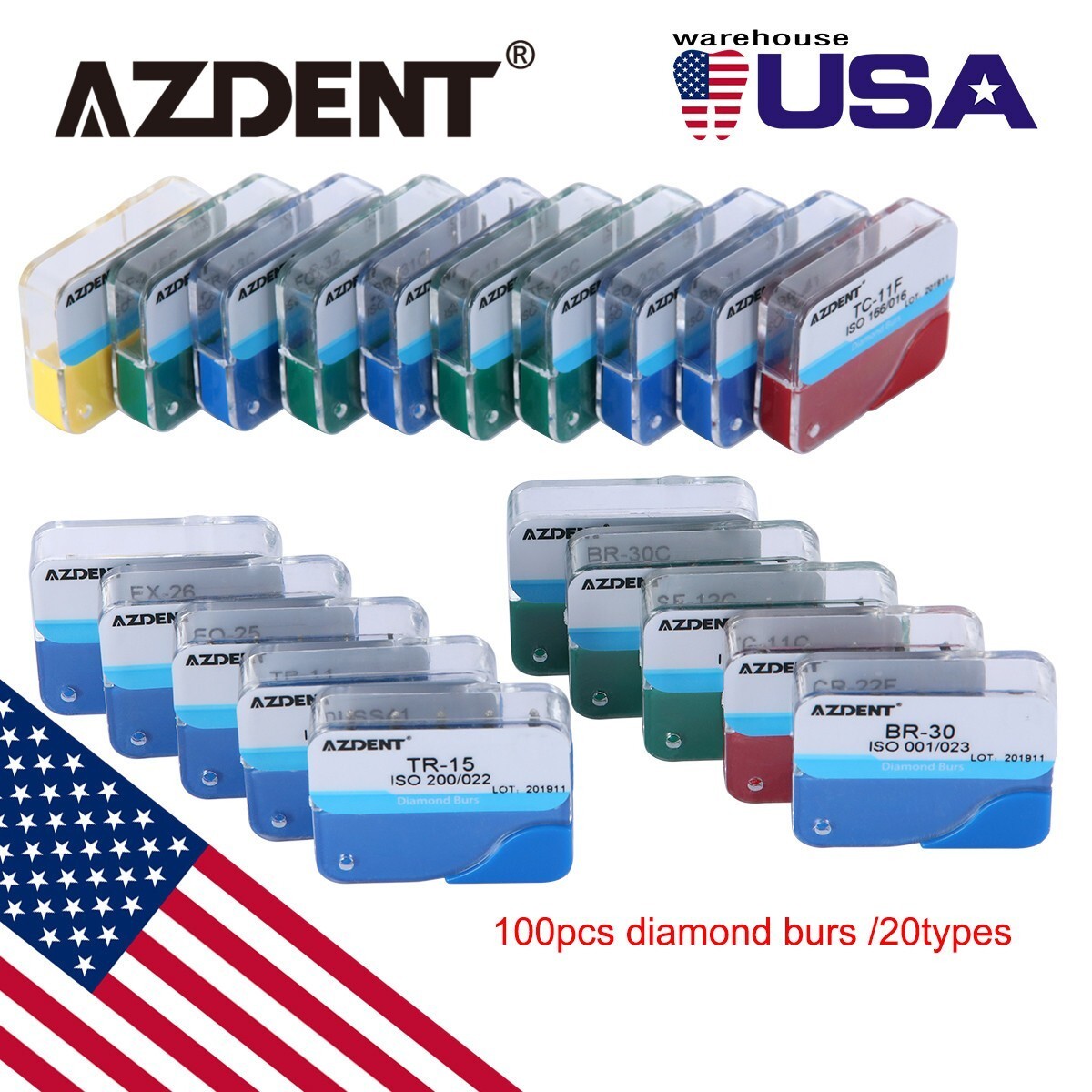 100Pcs AZDENT Dental Diamond Burs Kit For High Speed Handpiece Medium FG 1.6MM