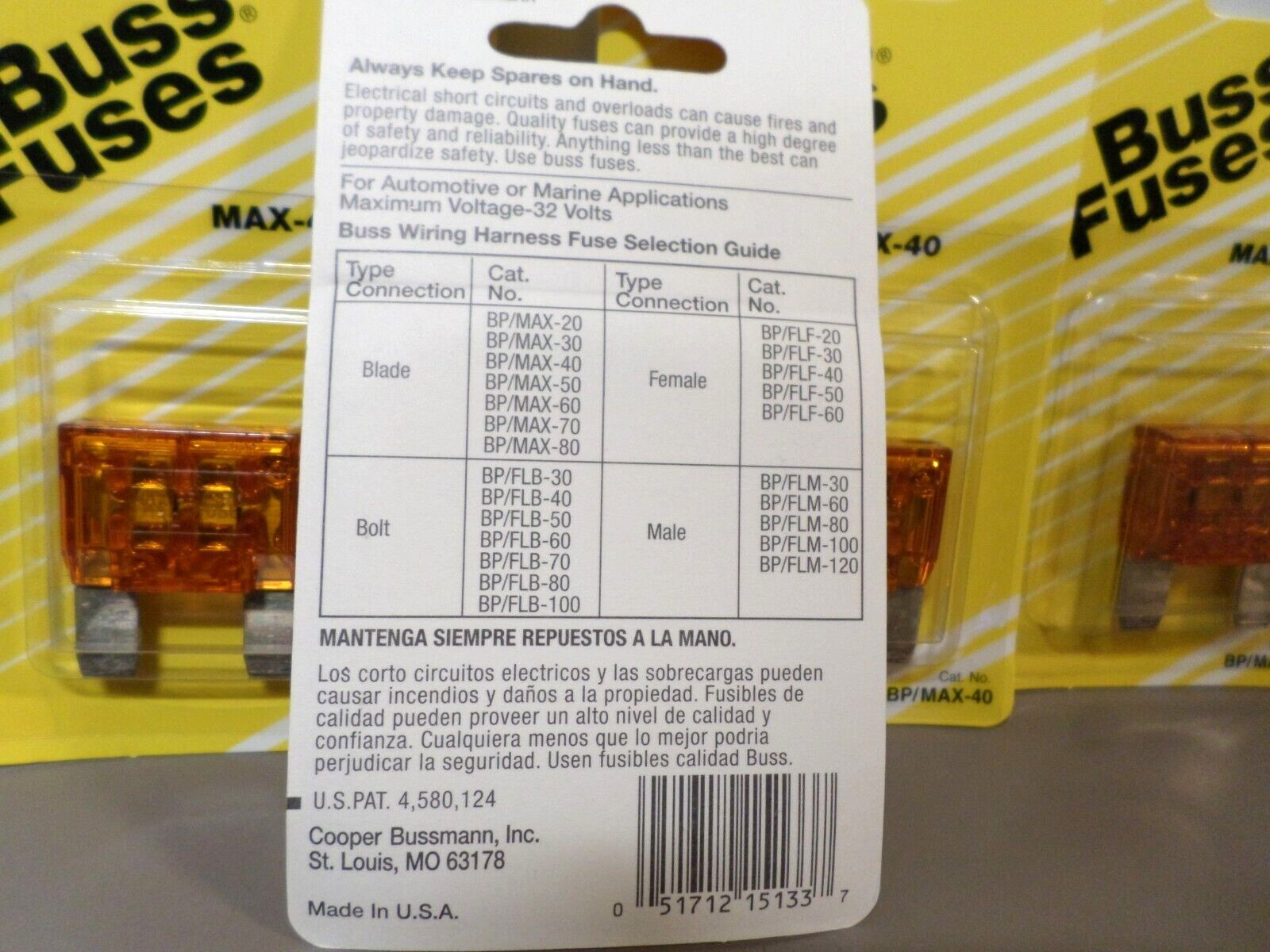Box of 5 – Buss Fuses 40 Amp Fuse MAX-40 Blade Style