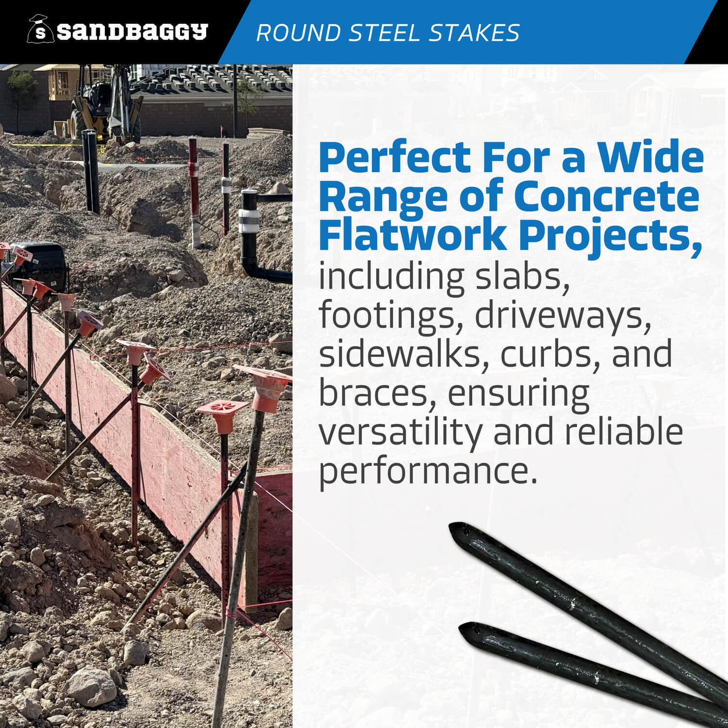 Sandbaggy 36″ Round Steel Concrete Form Stakes – No Nail Holes – 1″ Diameter