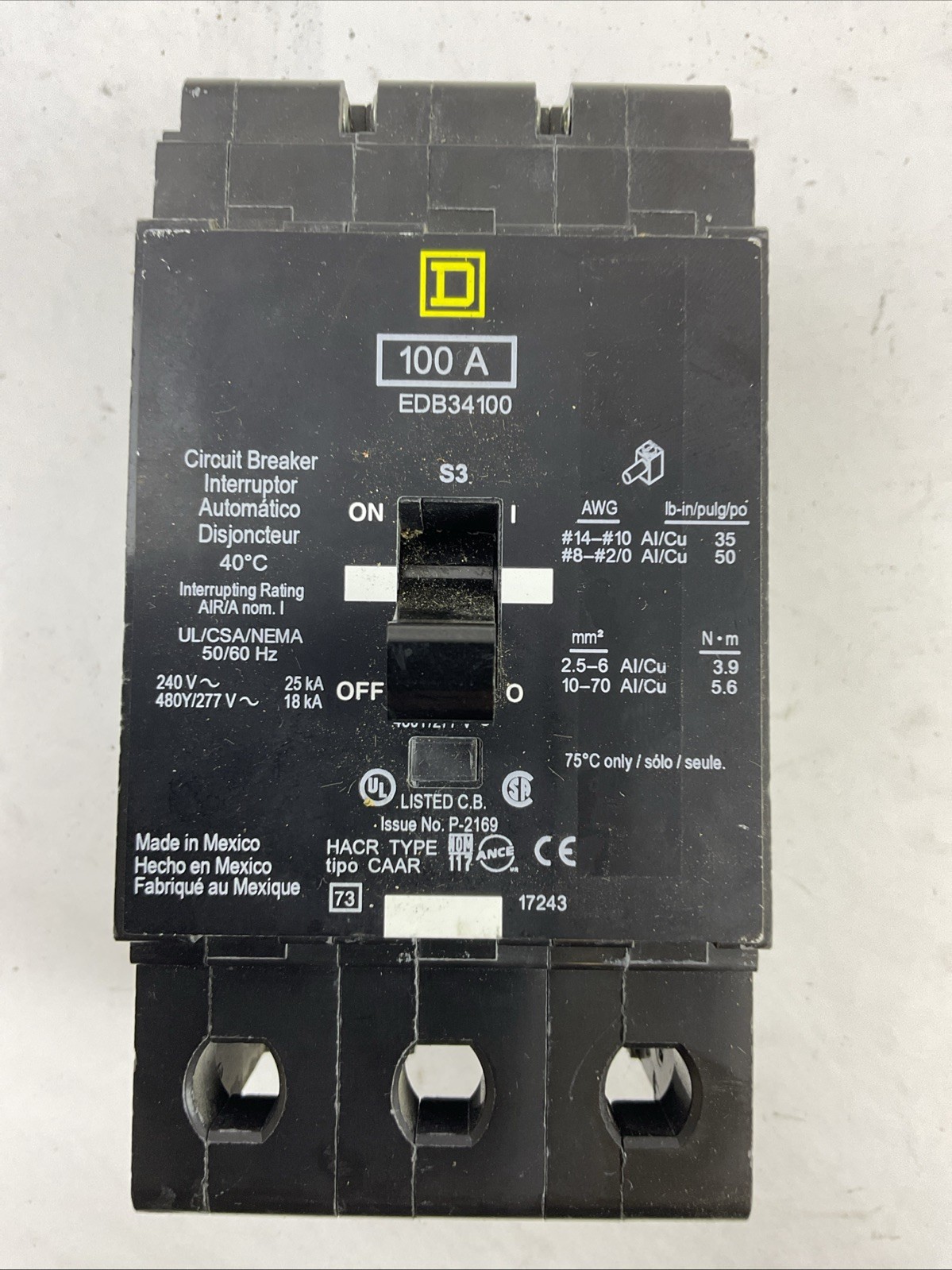 SQUARE D EDB34100 100AMP 3POLE 240VAC 480Y/277VAC 3POLE CIRCUIT BREAKER