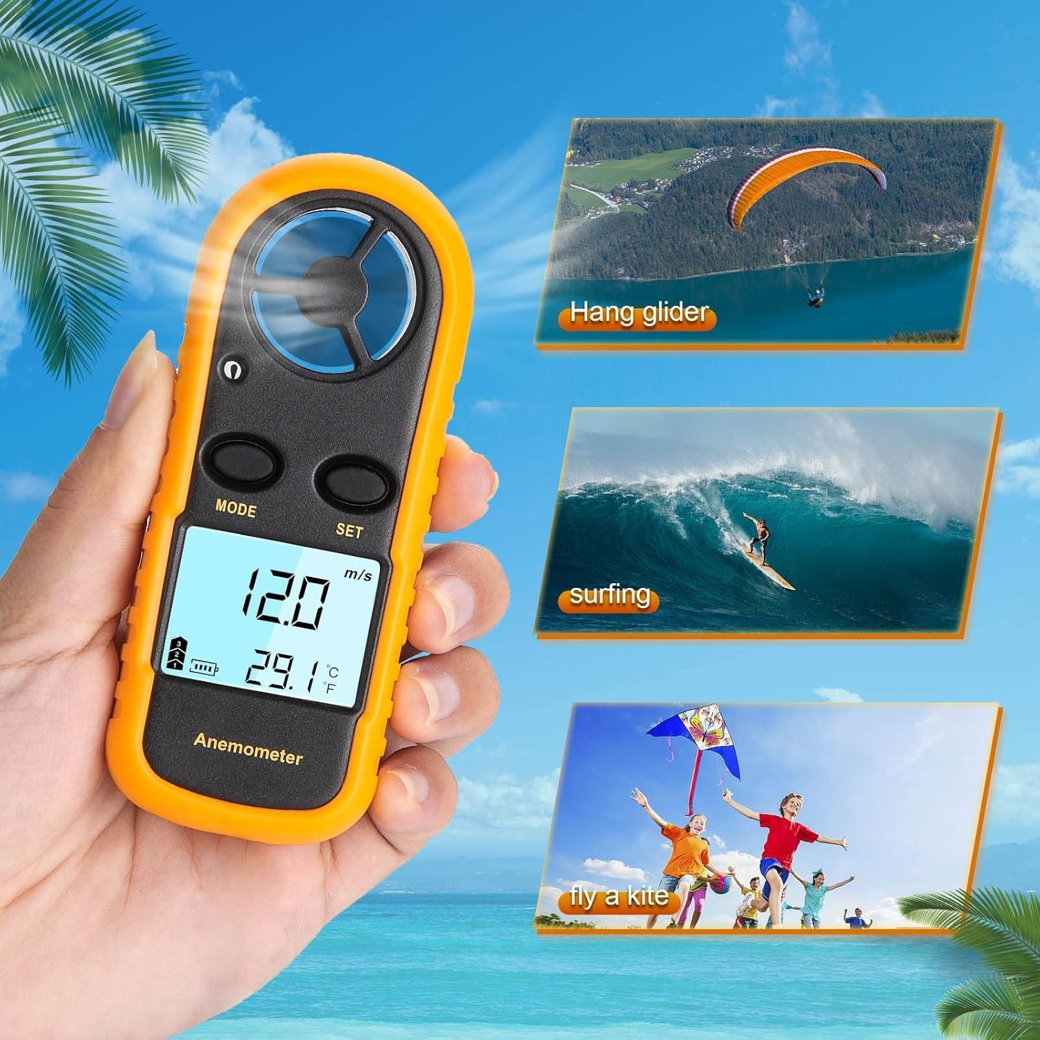 Anemometer Handheld, Light Weight Digital Wind Speed Meter, Wind Speed Temperatu