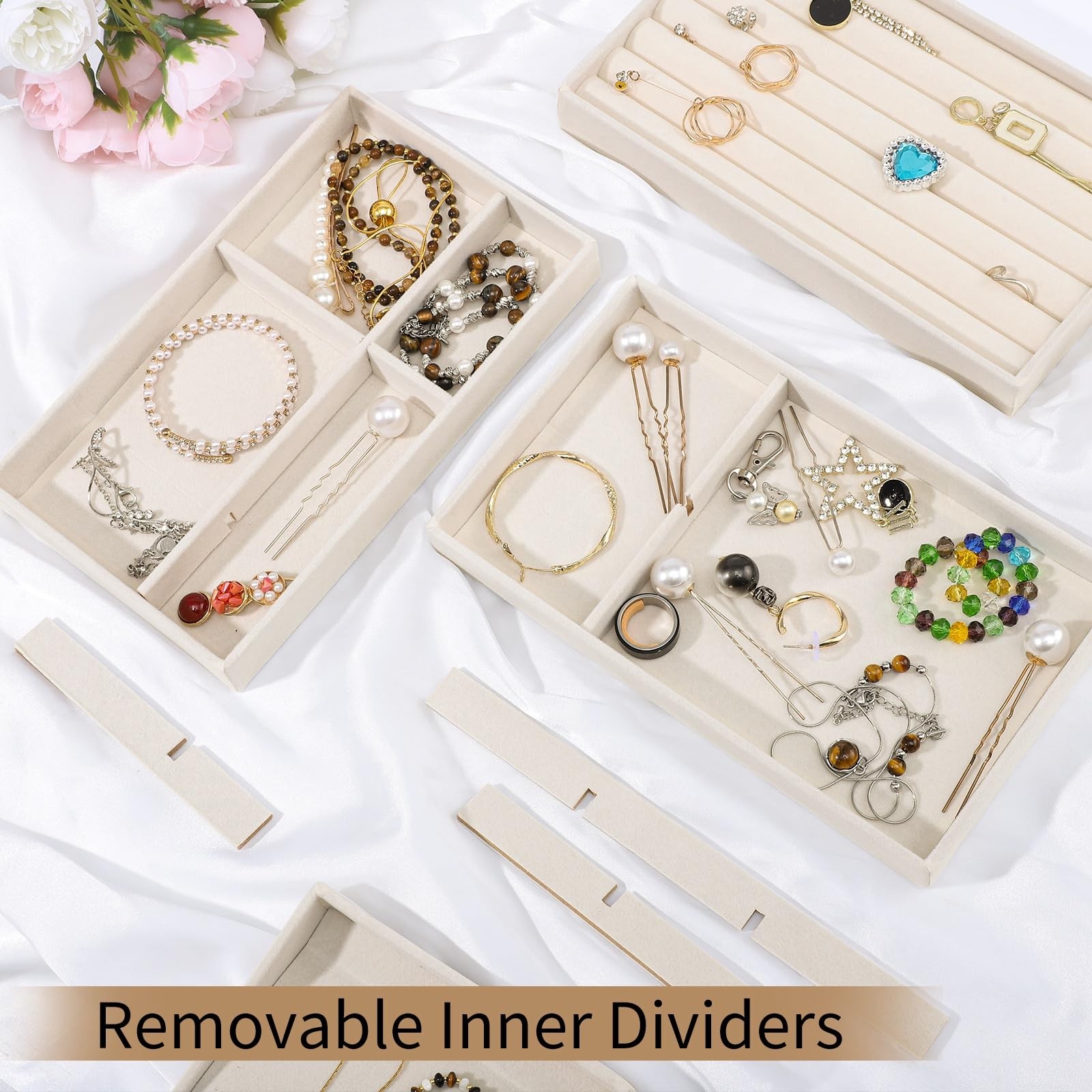 Dntorx Stackable Jewelry Organizer Trays, 6 Set of Velvet Beige