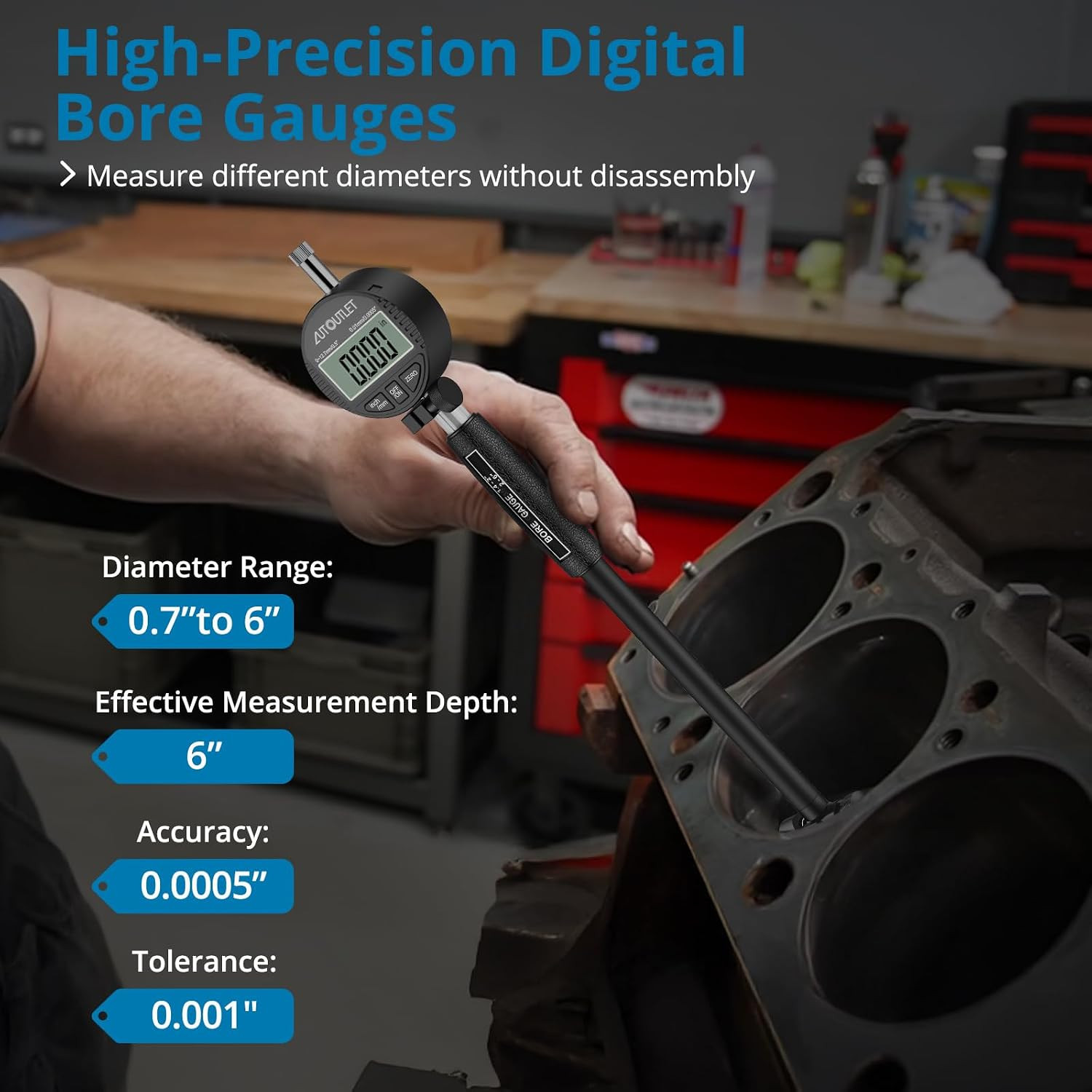 Digital Dial Bore Gauge, 0.7″-6″ Measurement Range, 0.0005″ Precision Dial Bore