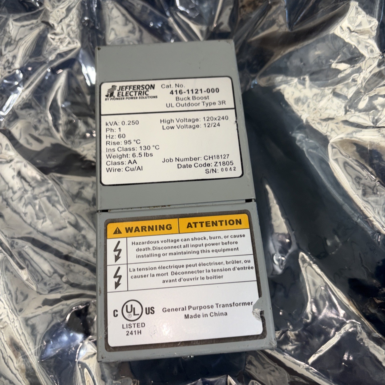 Jefferson Electric Transformer Buck Boost 416-1121-000 120×240 *30 Day Warranty*
