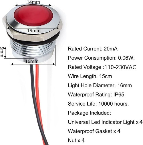 110V 230V AC 20mA Energy Saving Indicator Light Metal LED Waterproof Indicator