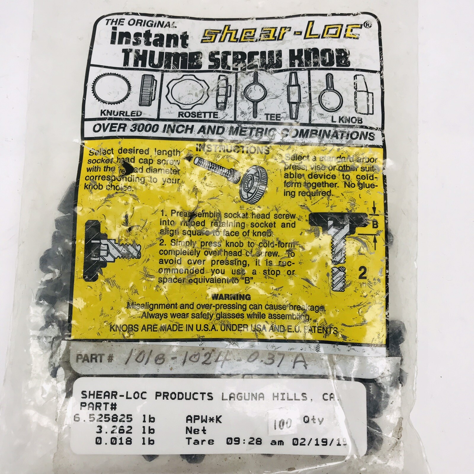 LOT OF 100 SHEAR-LOC® INSTANT THUMB SCREW KNOB PART# 101B-1024-0.37A
