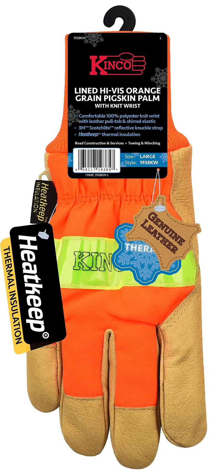 Kinco Orange Hi-Vis Lined Pigskin Leather Work Gloves (style No. 1938KW)