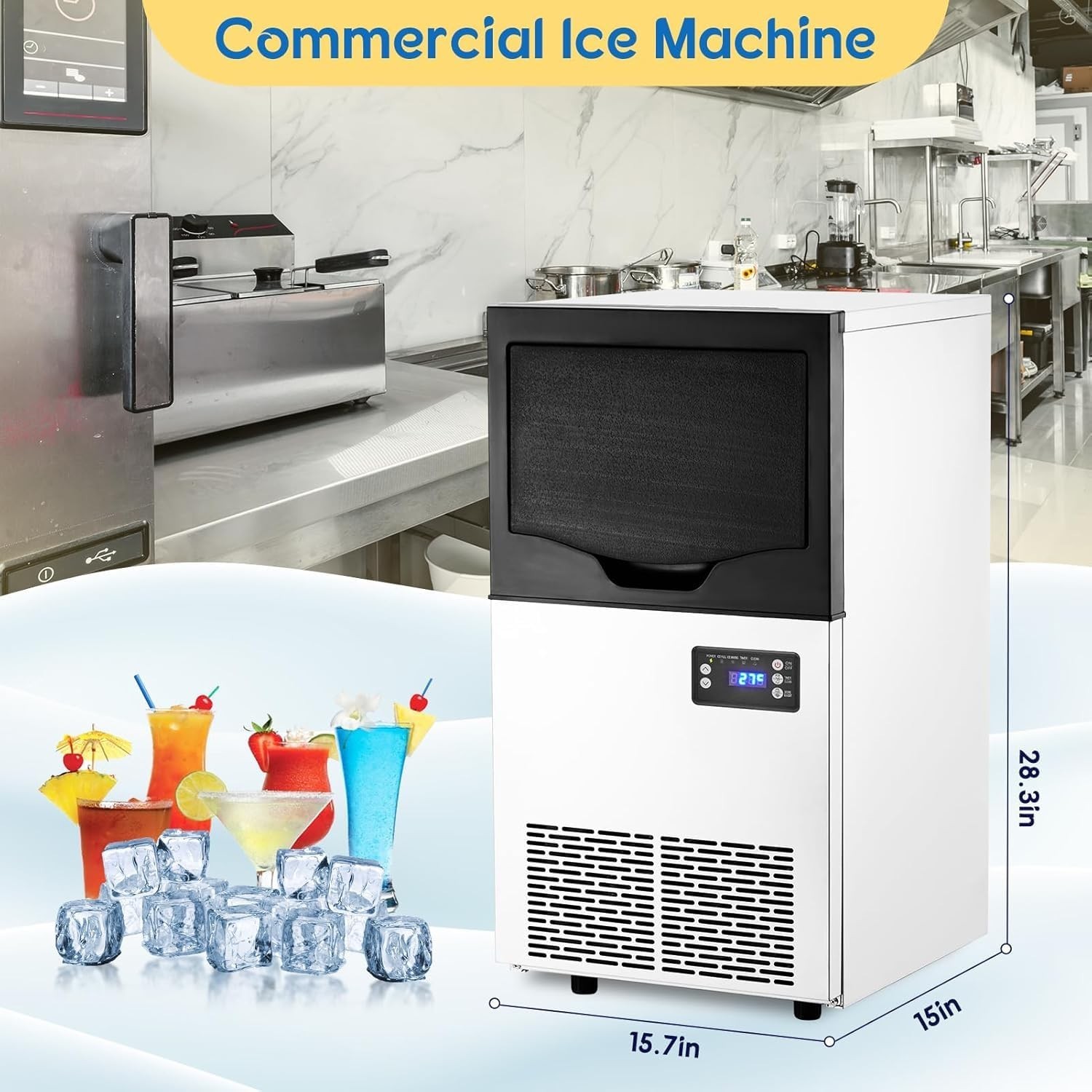 100LBS 24H Commercial Ice Maker Stainless Steel Ice Machine with 33LBS Bin