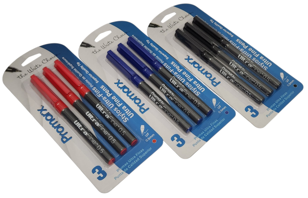 3 PACKS 9 PENS Promarx® ULTRA FINE PENS PRECISE LINES RED BLACK & BLUE INK 0.5mm