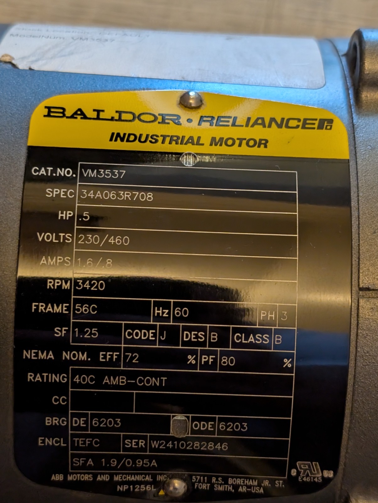 Baldor Reliance VM3537 0.5HP 230/460V 3PH TEFC Motor 3420RPM 56C
