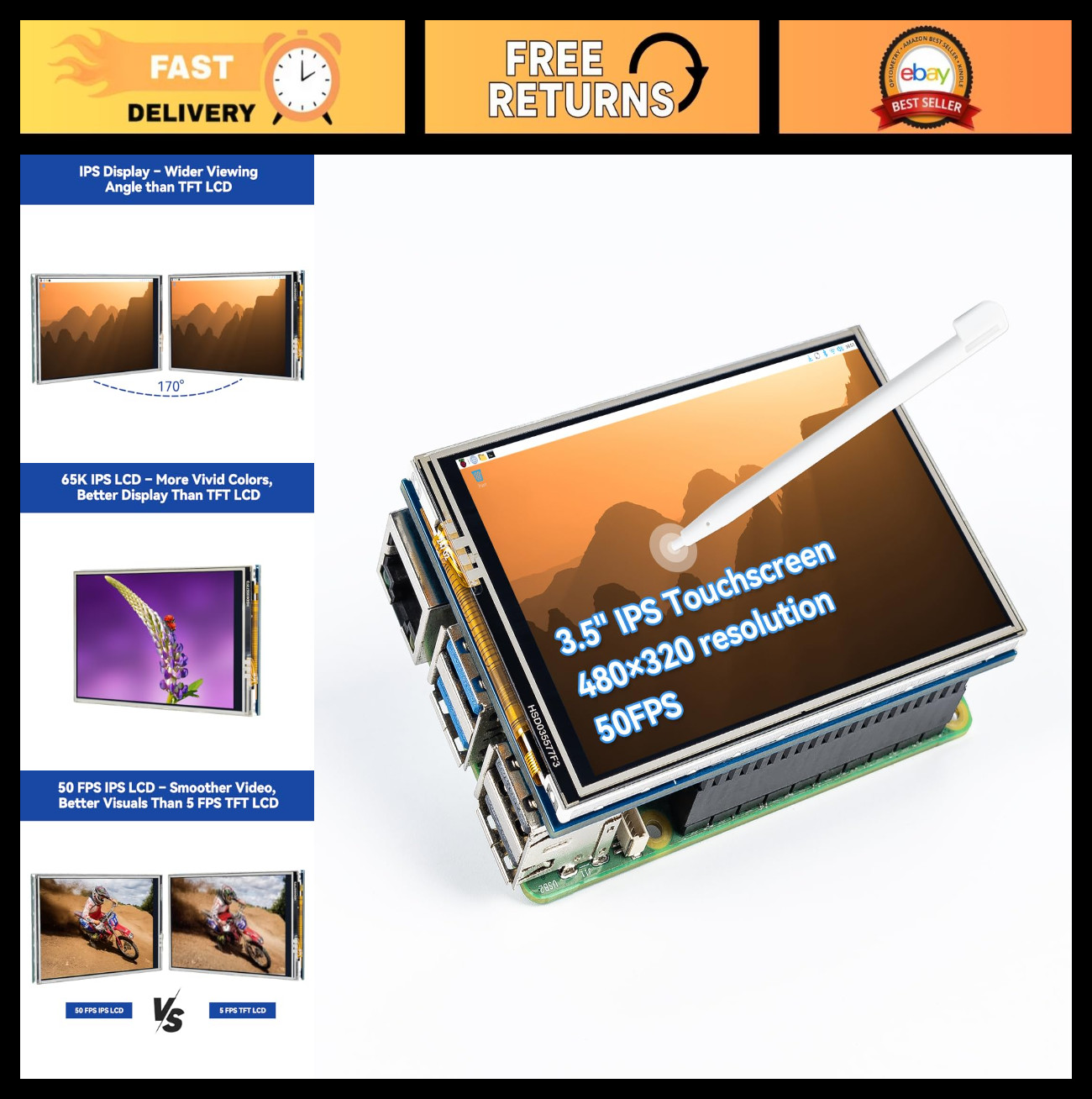 3.5″ Touch Screen IPS LCD Monitor for Raspberry Pi 5/4B/3B+/Zero 2W, 50 FPS, 65K