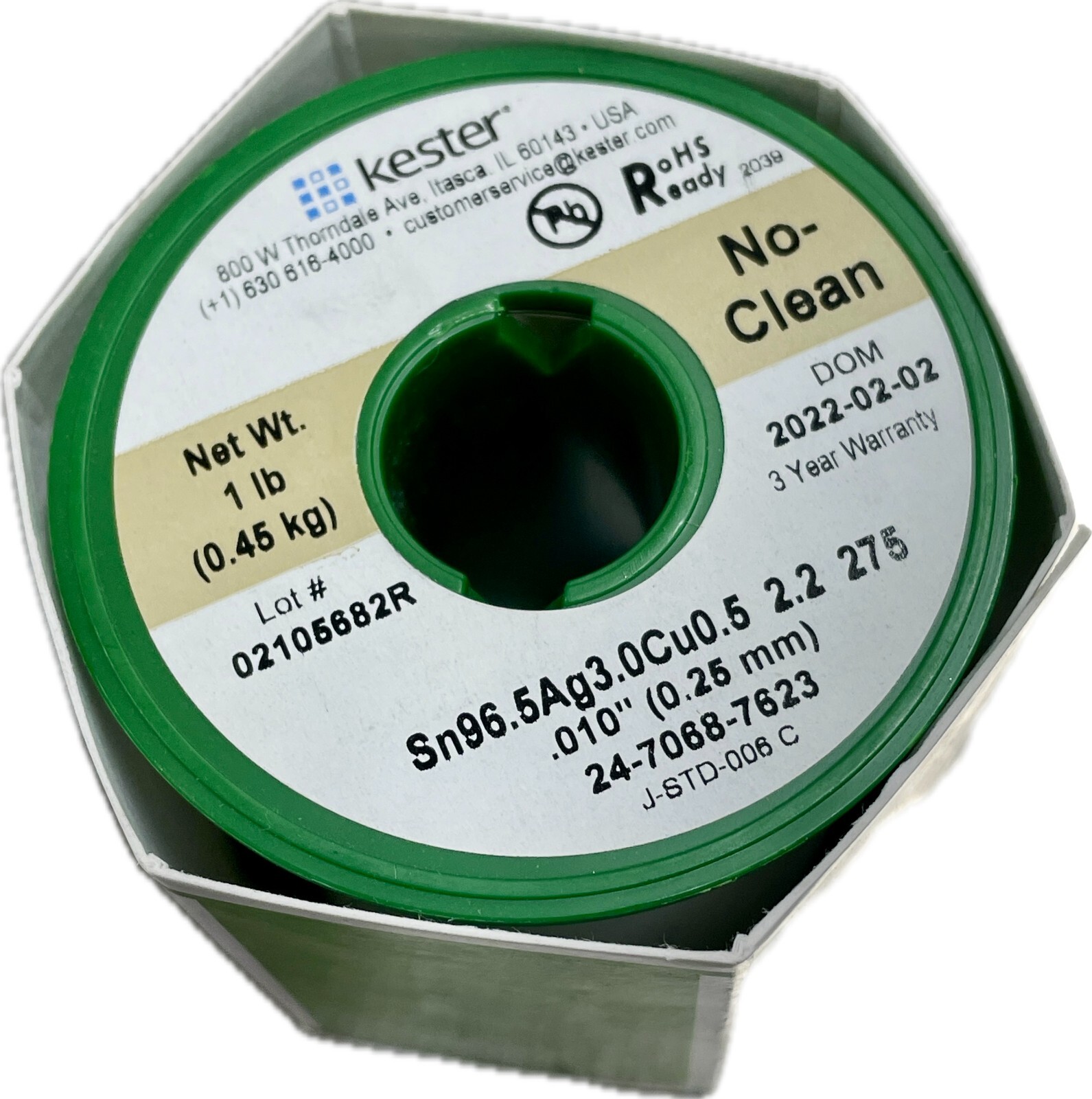 Kester 1lb Silver Solder 24-7068-7623 Lead Free No Clean Flux .010 Size
