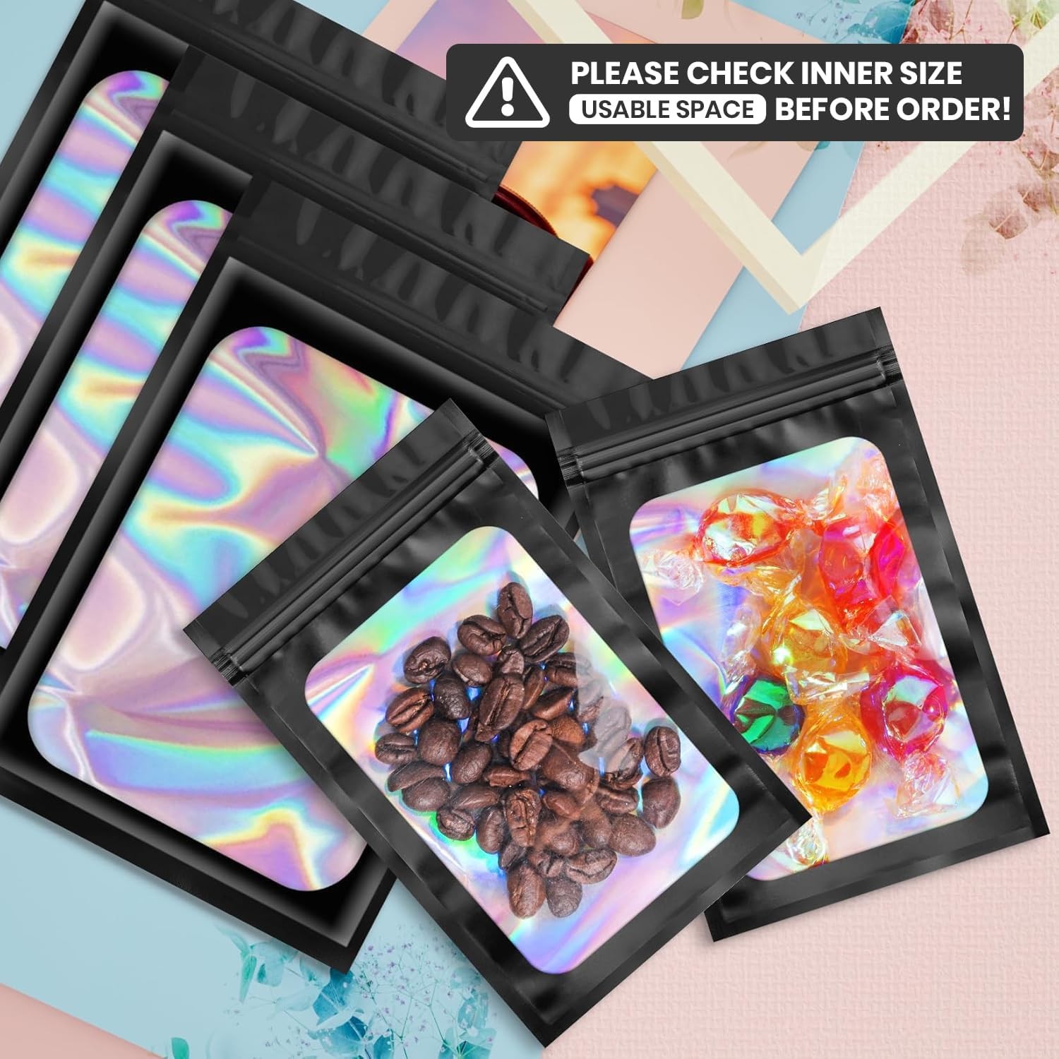Funfery 100 pcs Black Mylar Holographic Resealable Bags,Clear Packaging Bag Odor