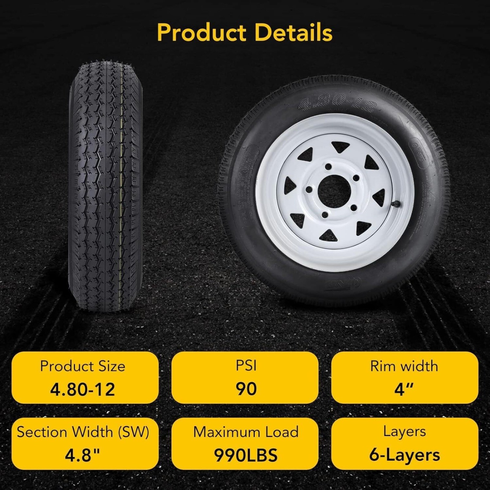 2 packs 4.80-12 4.80×12 Trailer Tires and Wheels with 12″ Rims 5 Lug on 4.5″ 6PR