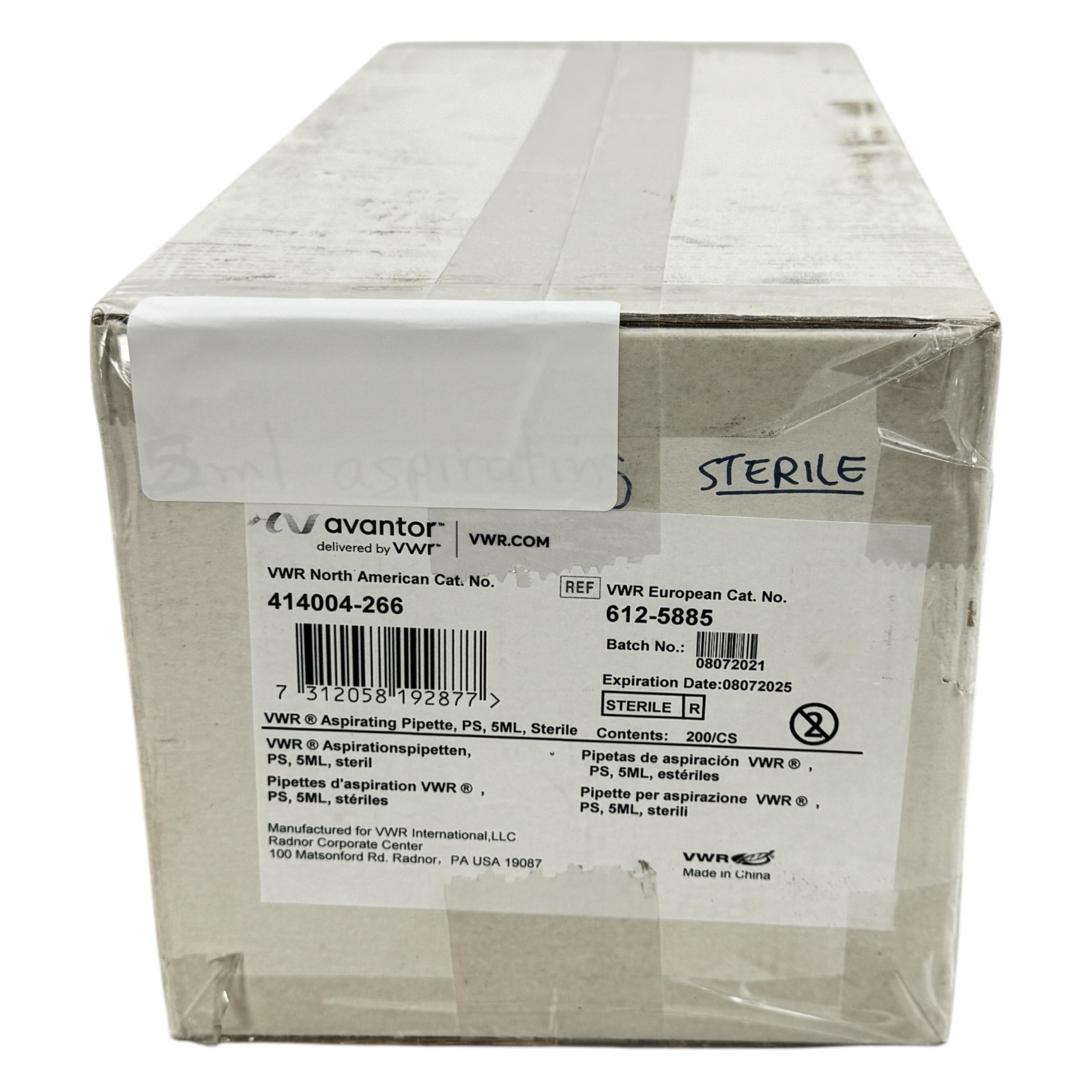 EXPIRED VWR North American Aspirating Pipette,PS, 5ML Sterile 200 CS 414004-266
