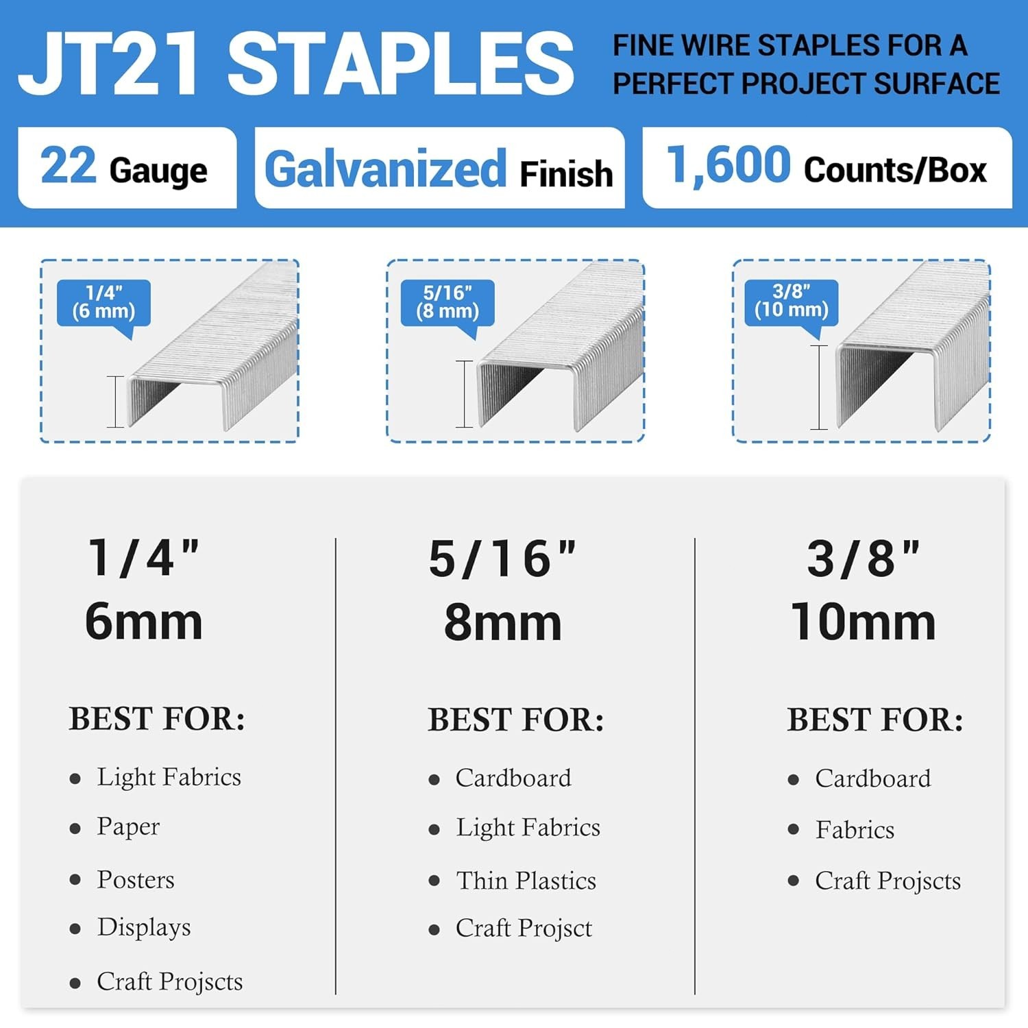 1,600 Counts JT21 Staples, 7/16″ Crown 1/4″ Length Galvanized Upholstery Staples