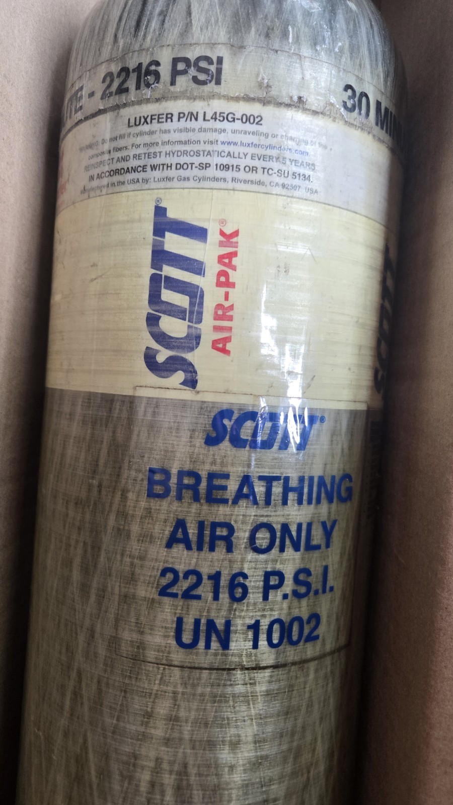 2021 SCOTT 3M AIR PAK 2216 PSI 30 MIN HYDRO SCBA CYLINDER TANK & NOZZLE FIREMAN
