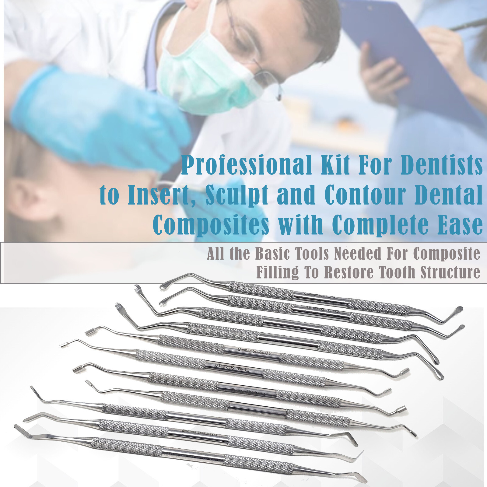 All in 1, 11Pc Dental Curettes,Pluggers & Composite Filling Set +Instrument Box