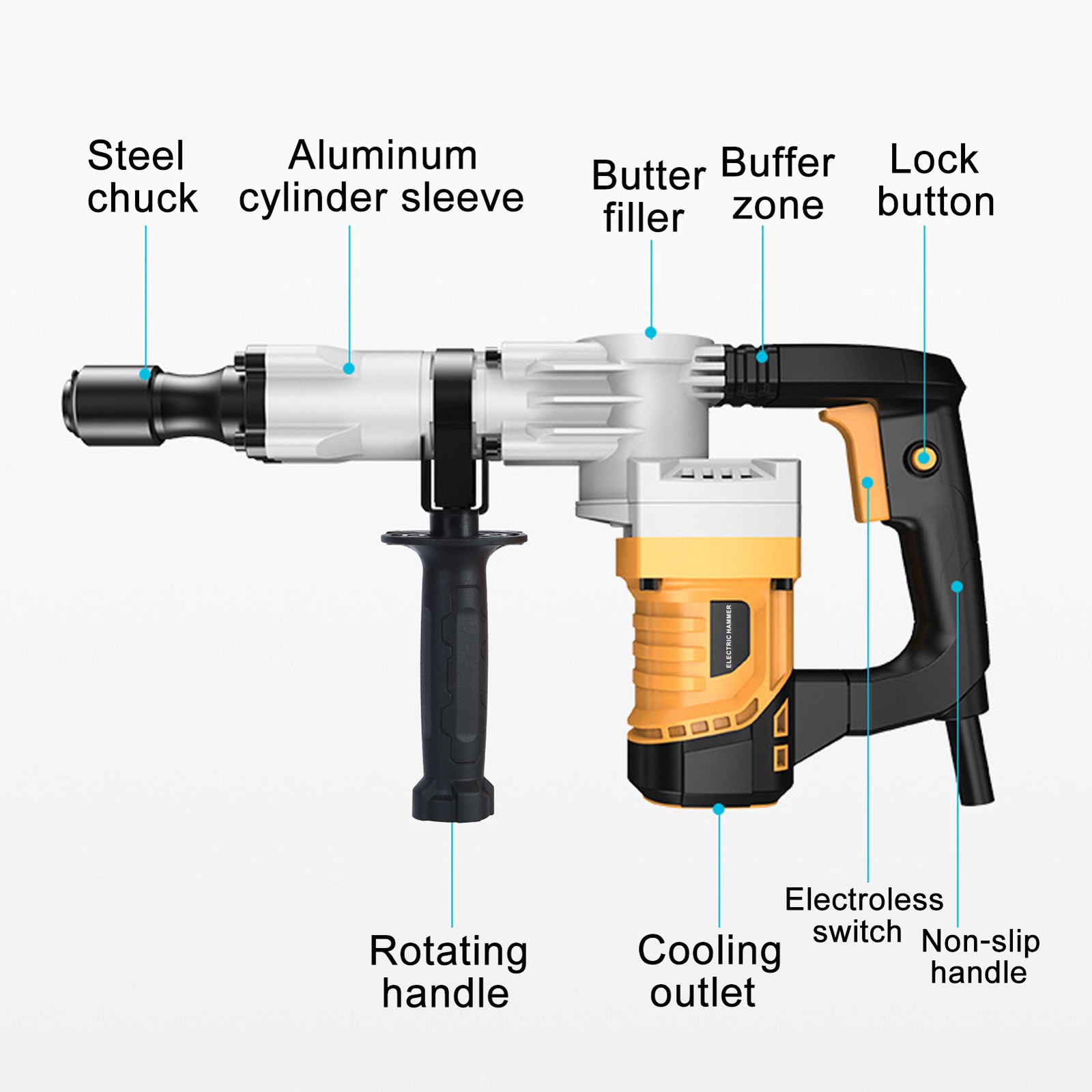 1200W Electric Hammer Drill Pure Copper Motor Industrial Concrete Breaking