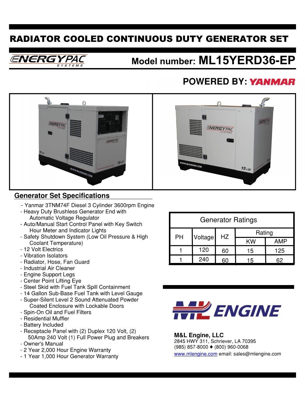 15kW Diesel Generator EnergyPac Systems Yanmar