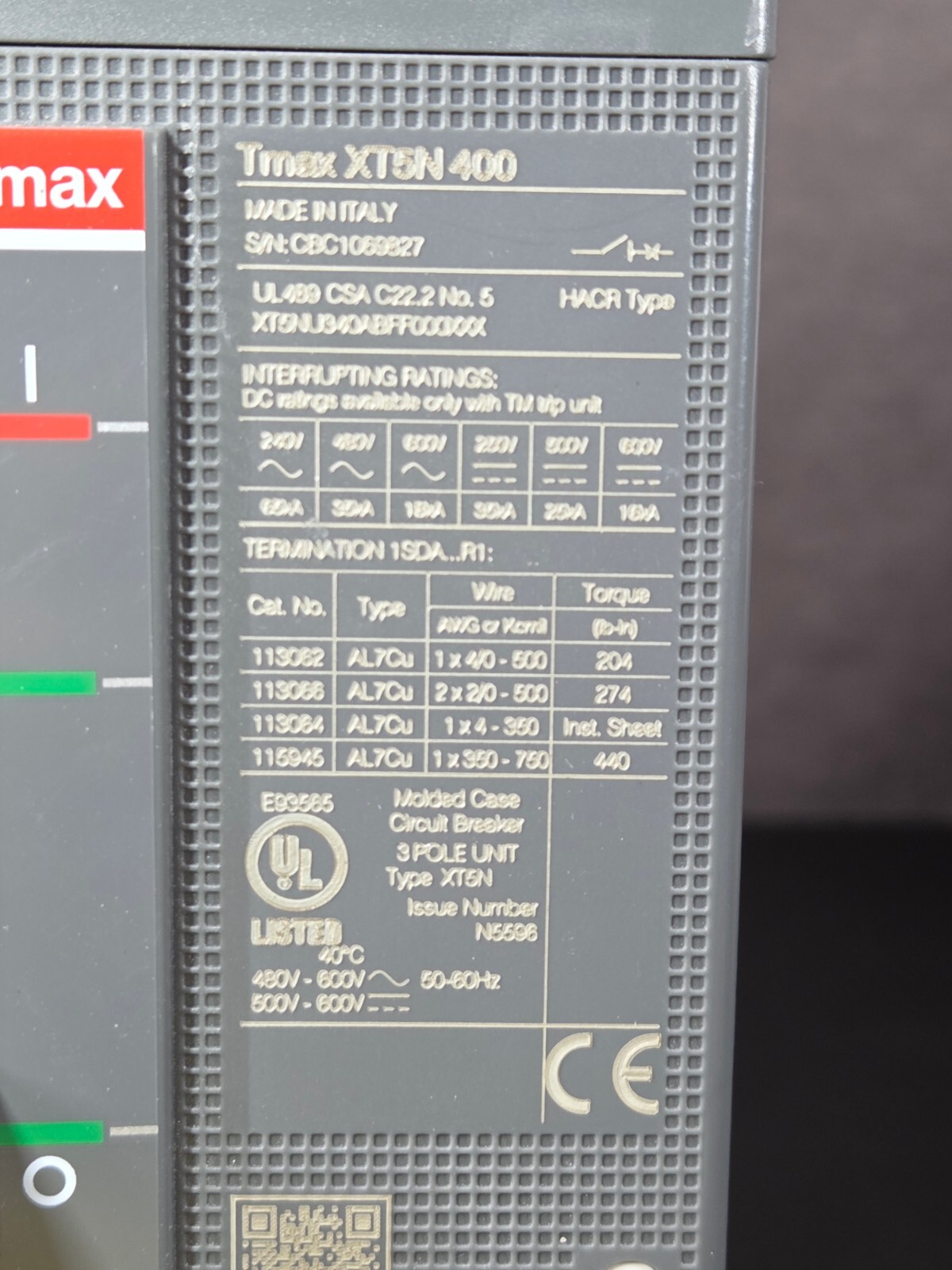 ABB SACE Tmax XT5N 400 3 Pole 400 Amp 600v Circuit Breaker New Open Box