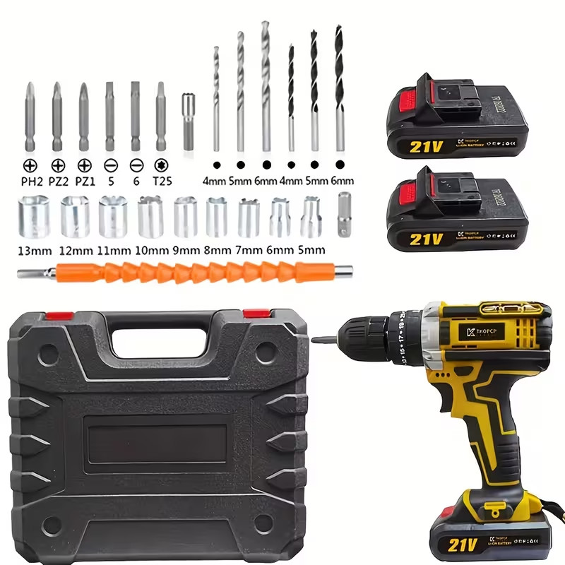 Rechargeable Electric Drill, Equipped with Drill, LED Lighting, Portable Multi