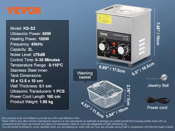 40kHz Ultrasonic Cleaner Heated Timer Stainless Steel Parts Cleaner 2L-30L