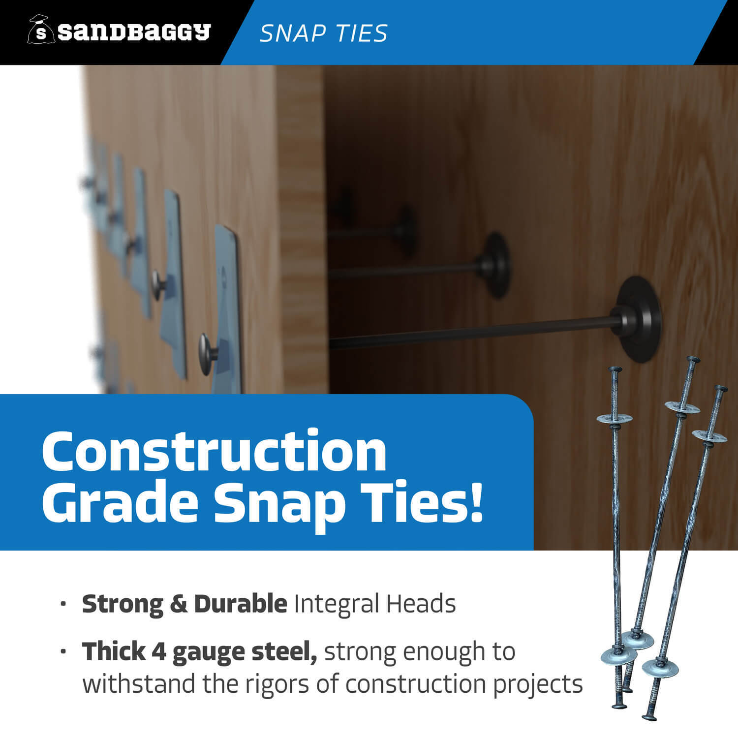 Sandbaggy 8″ x 1 ⅝» Standard Snap Ties for Concrete Forms – 1″ Cup Loose Washer