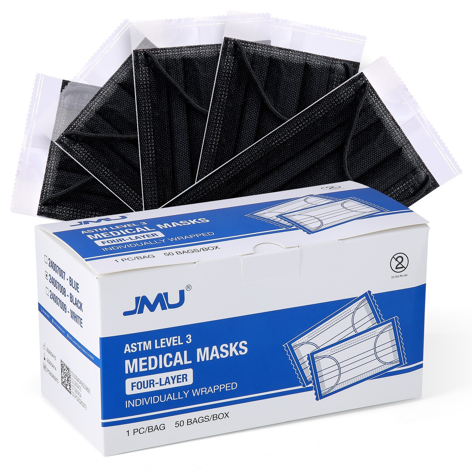 JMU Disposable Medical Face Masks, 4-Ply ASTM Level 3 Ear-Loop Face Masks 50pcs