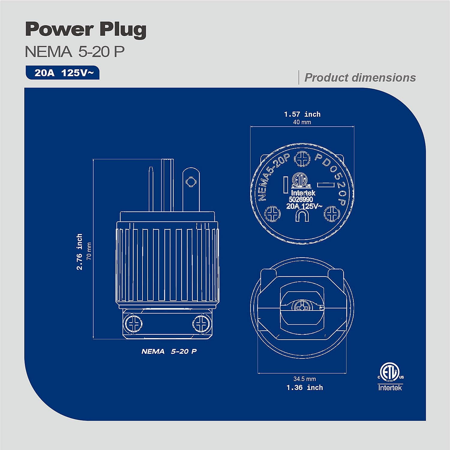 NEMA 5-20P Plug, 20A 125V Heavy Duty Industrial Male Plug, ETL Listed Rewireable