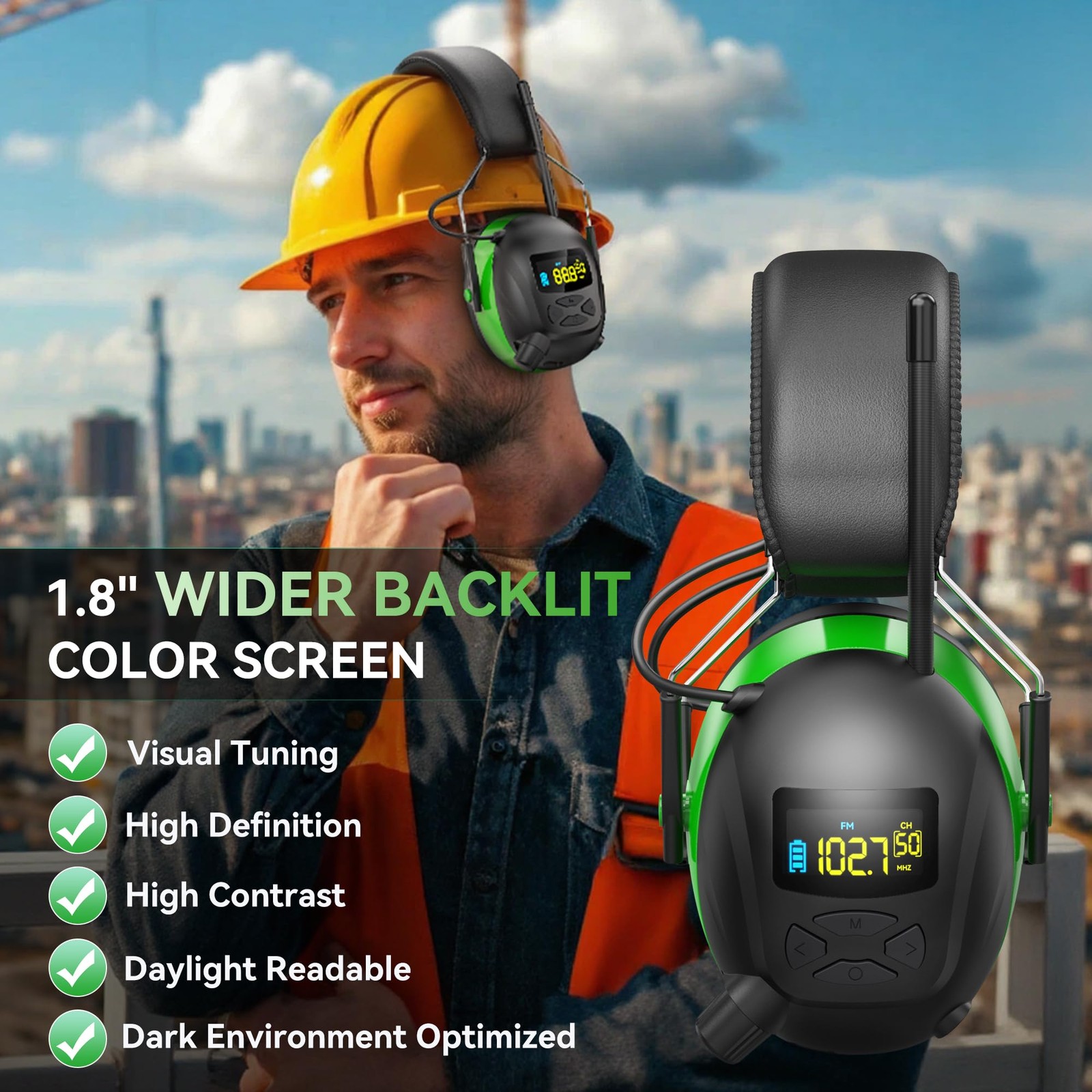 2025 AM/FM Radio Ear Protection Headphones with Backlit Large, Green-am/Fm