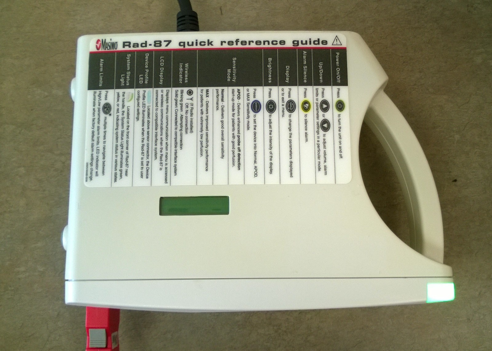 Masimo Rad 87V Pulse Oximeter, with OEM patient cable, adult sensor, and AC cord