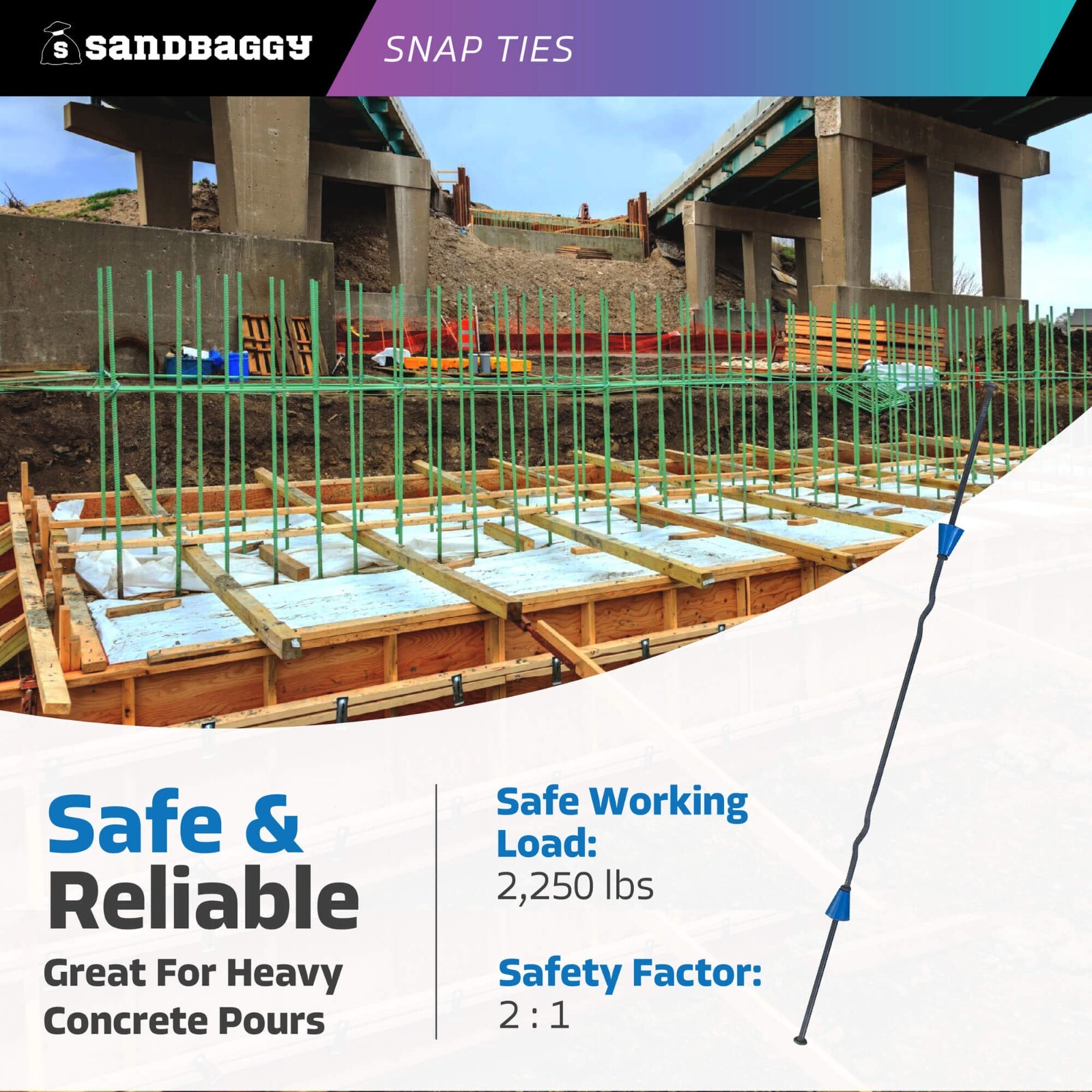 Sandbaggy 14″ x 4 ¾» Standard Snap Ties For Concrete Forms (Short End)