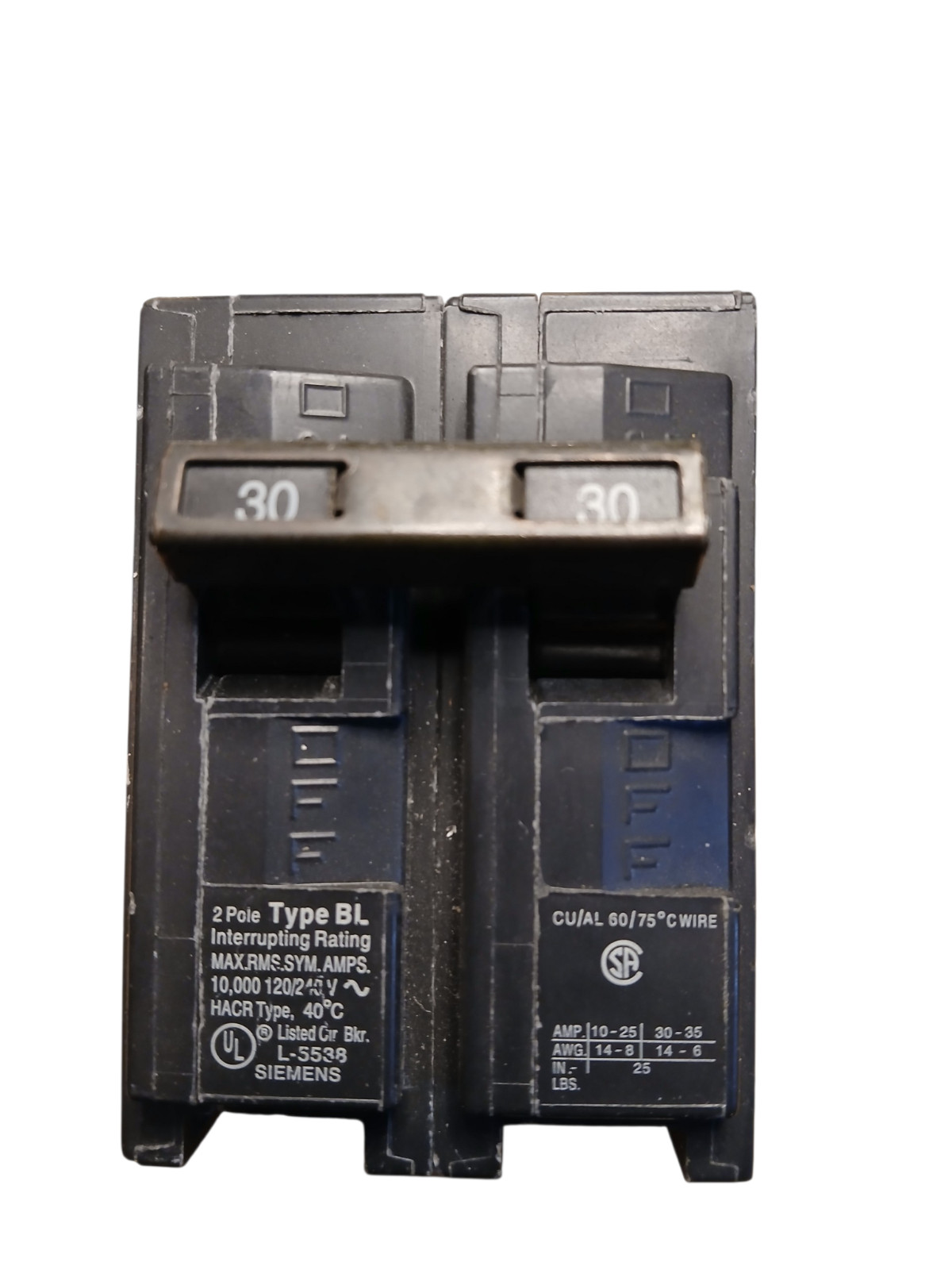 USED Siemens B230 30A 2P 120/240V 50/60Hz 10kA Plug-In Circuit Breaker
