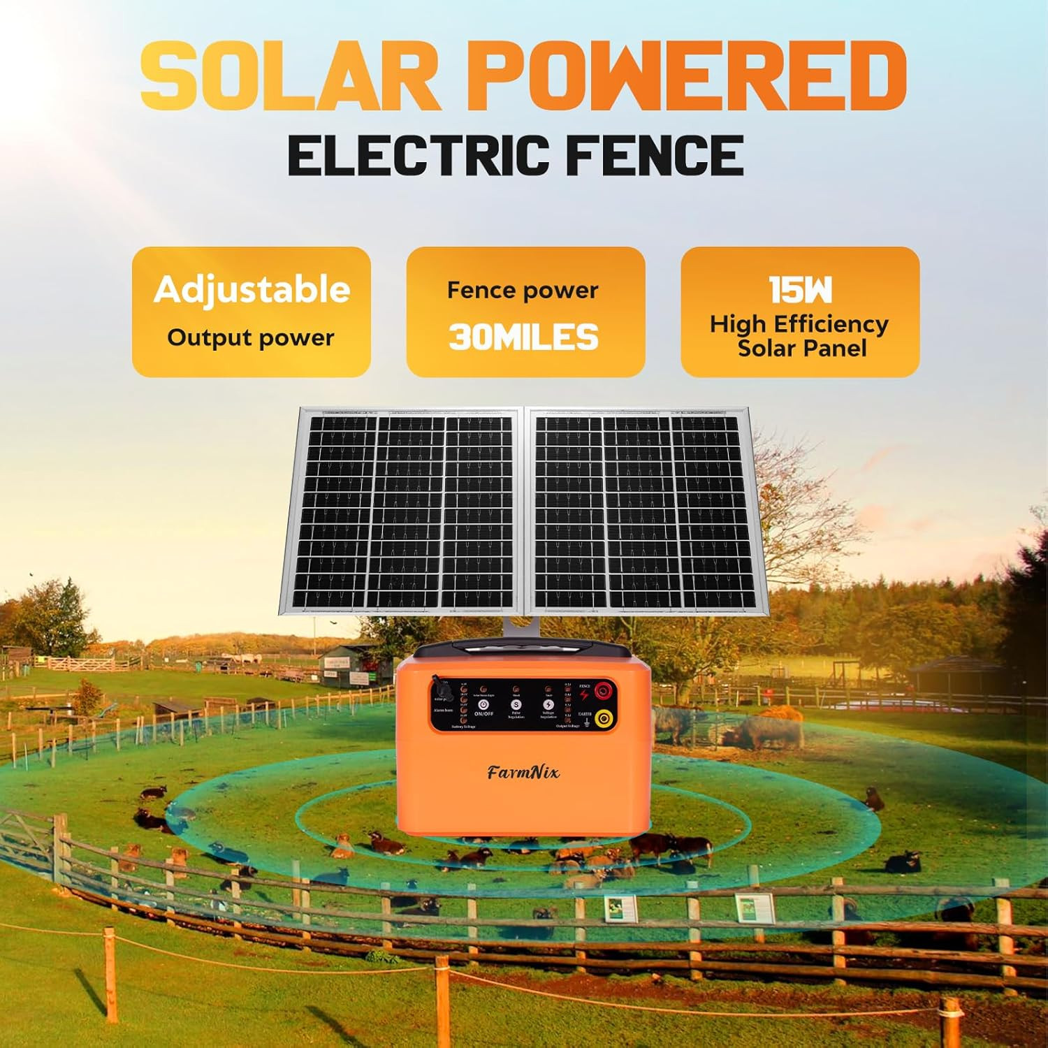 24 Hour Solar Electric Fence Charger, 30 Miles Solar Fence Energizer, 6-12KV Adj