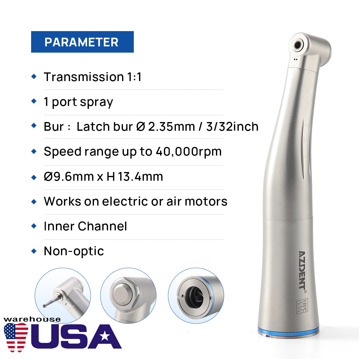 Dental LED Brushless Electric Micro Motor E-Type /1:1 LED Contra Angle Handpiece