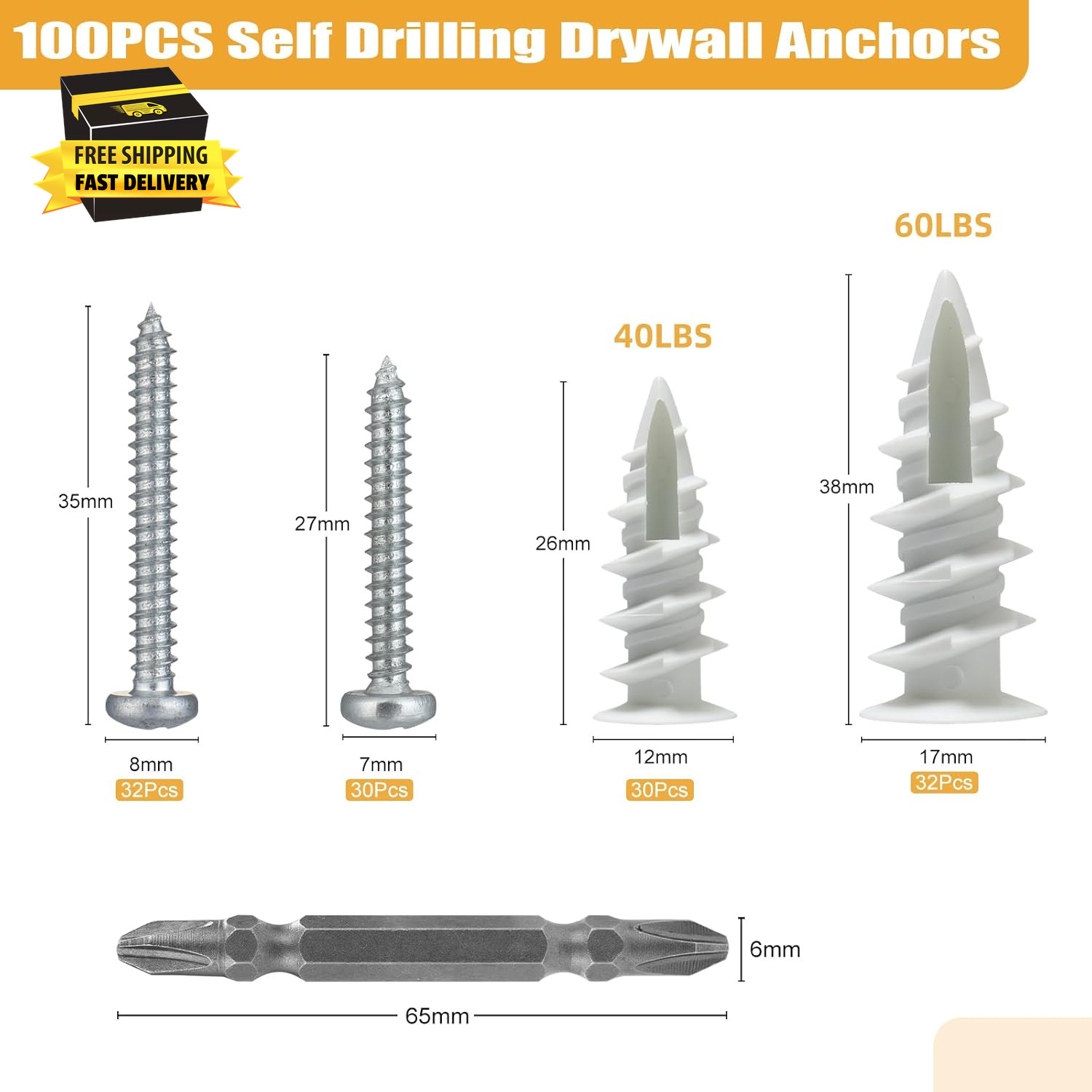 Drywall Anchors and Screws Kit Heavy Duty,124Pcs Screws and Plastic Wall Anchors