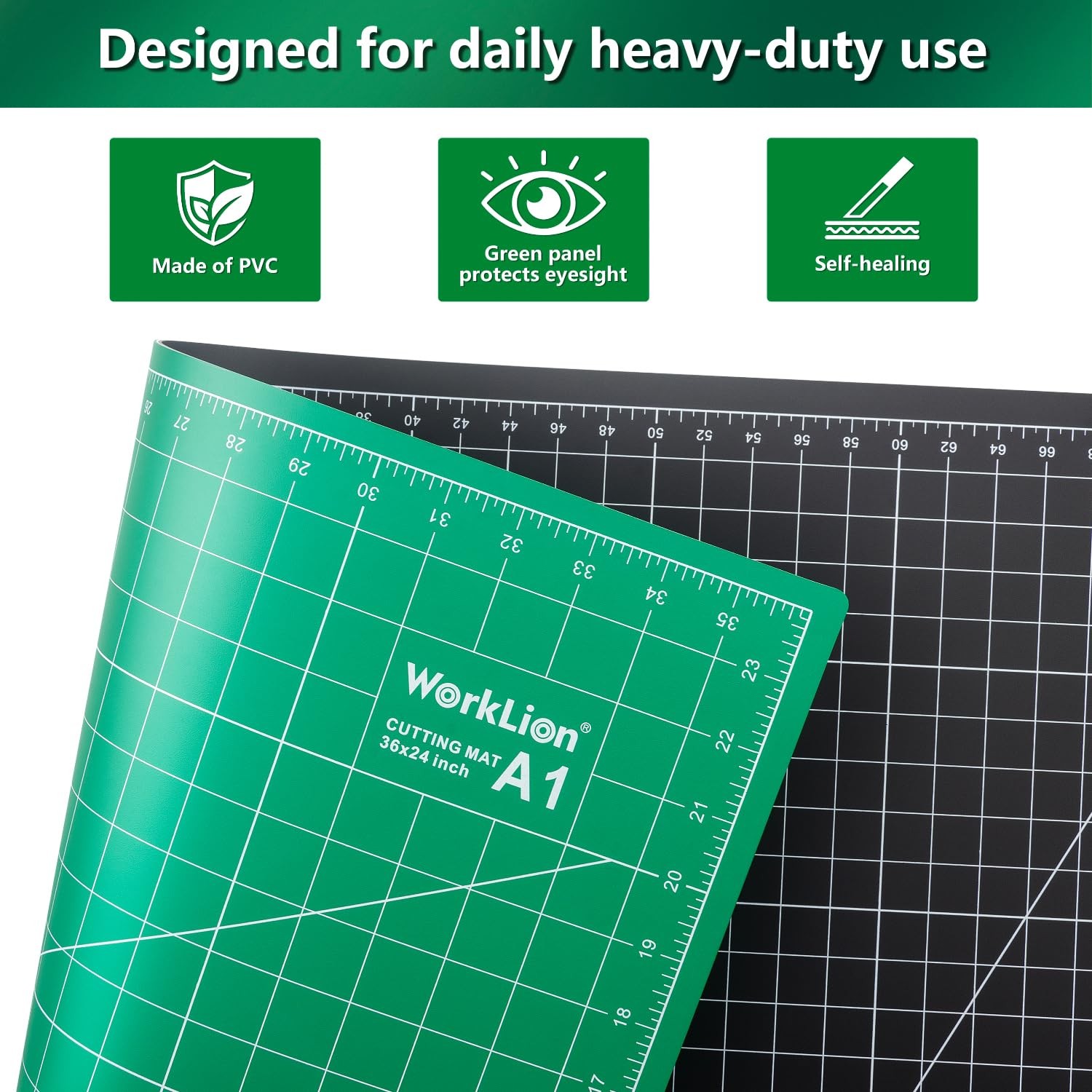 WORKLION Self Healing Cutting Mat: 24 x 36 inch 36″L x 24″W, Black/Green