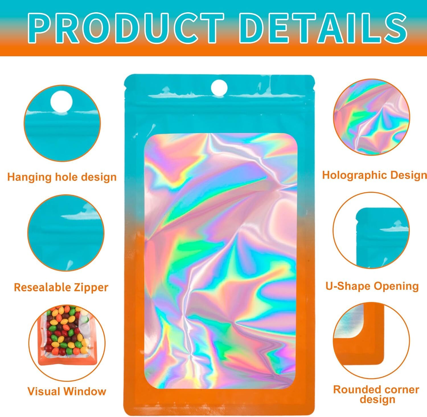 100 Holographic Mylar Foil Bags Smell Proof Resealable Zip Seal Pouches Gradient