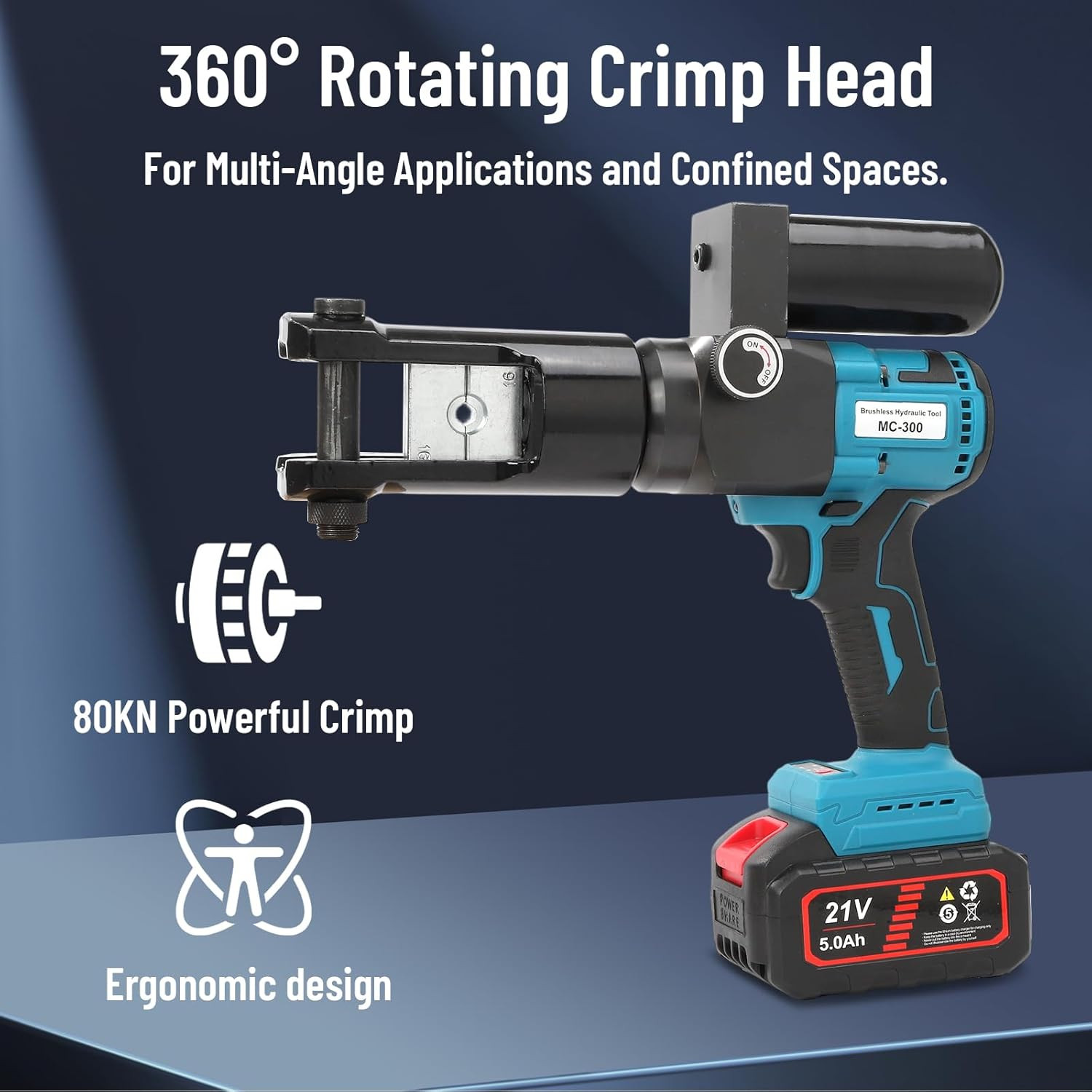 Hydraulic Crimping Tool 80KN Battery Powered 21V 5Ah Lithium-Ion 360° Rotating H