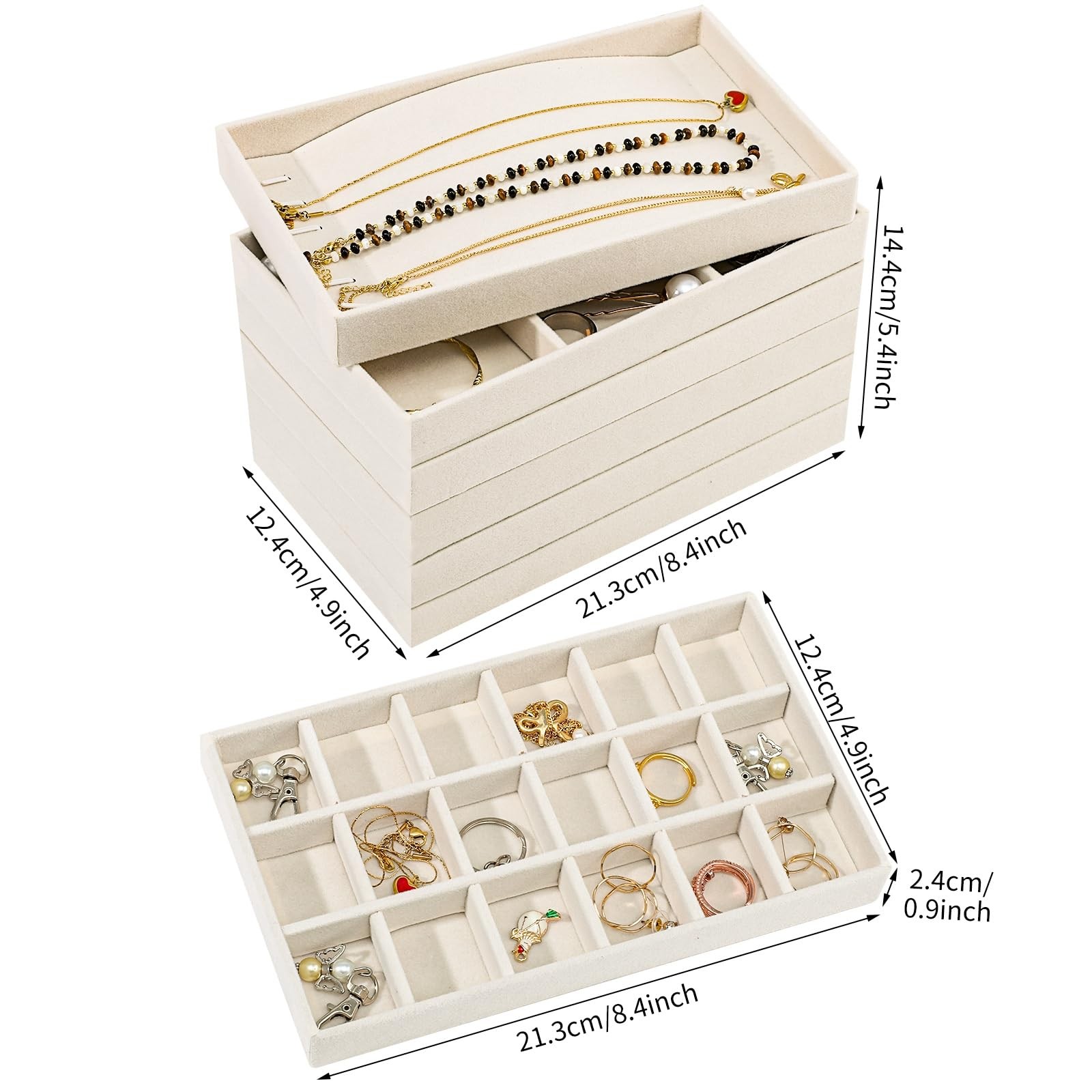 Dntorx Stackable Jewelry Organizer Trays, 6 Set of Velvet Beige