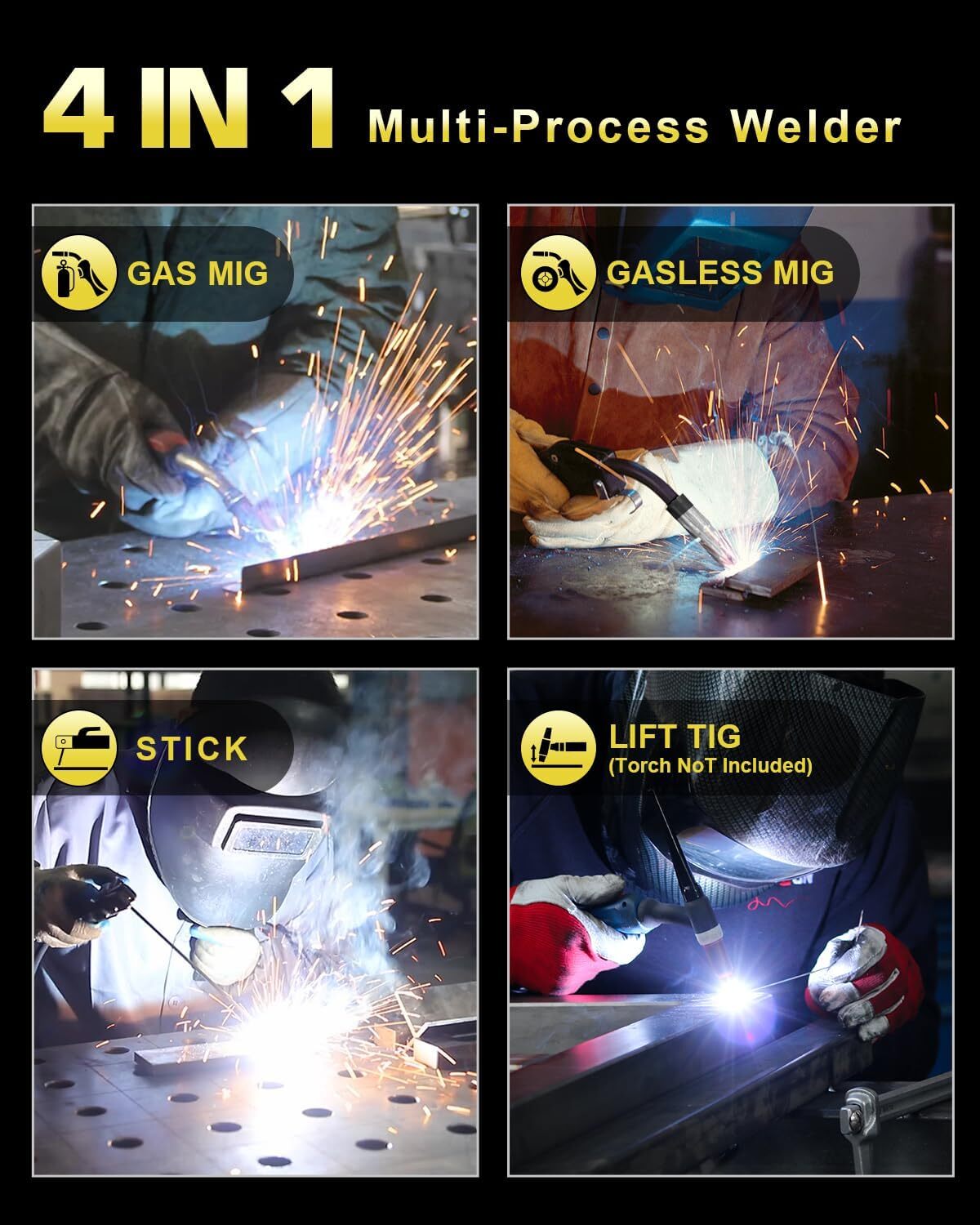 MIG Welder 160A, 4-in-1 MIG/Lift TIG/Stick/Flux Core Welding Machine Gasless