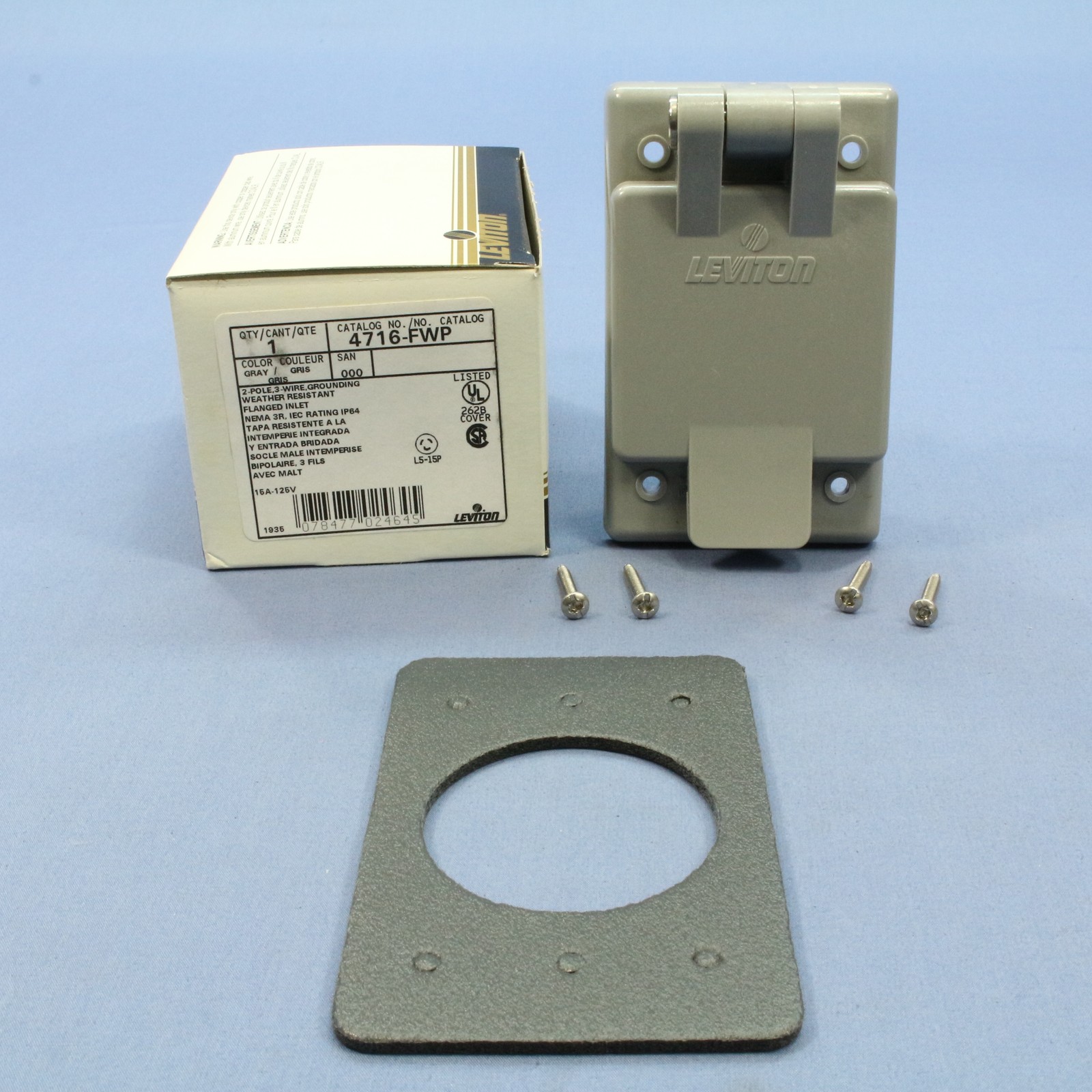 Leviton Weather Resistant Cover Locking Flanged Inlet Plug NEMA L5-15P 4716-FWP