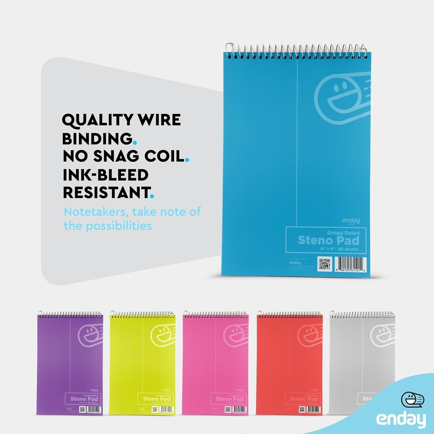 Enday Steno Pads Spiral 6 x 9 inches, Gregg Rule White Paper, 80 Sheets Steno..