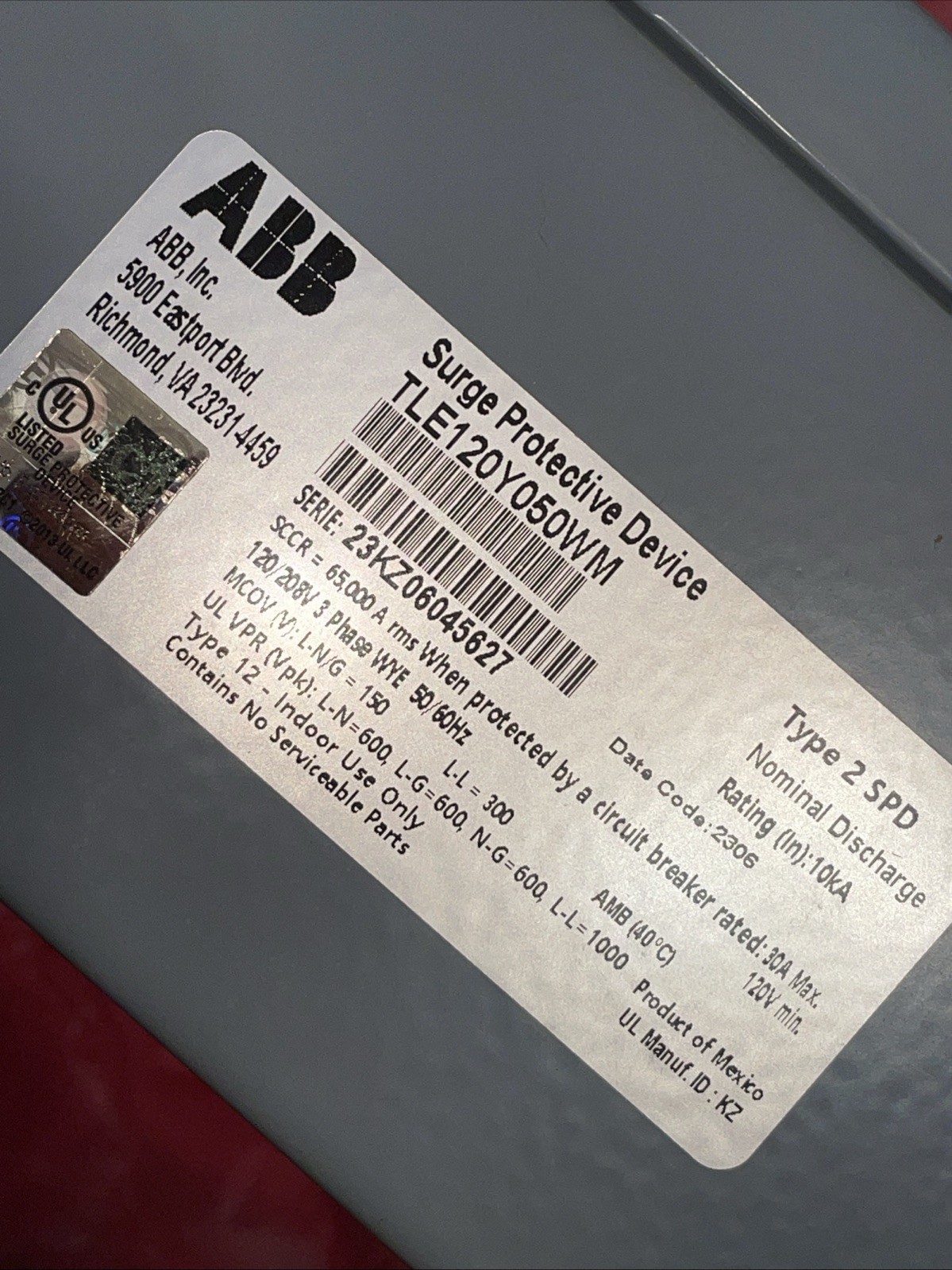 ABB/GE TLE120Y050WM Surge Protective Device Type 2 SPD 120/208V 50kA