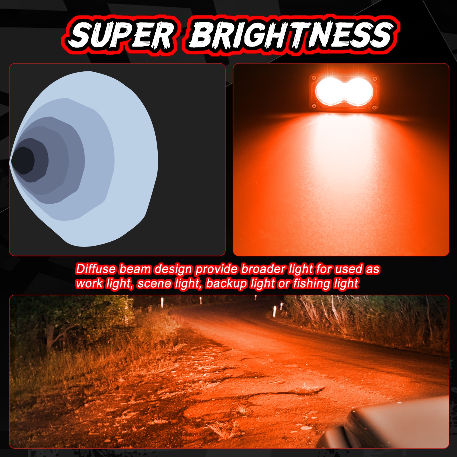 LED Red Driving Bar 2Pcs 40W 3Inch Waterproof Fog Work Auxiliary Lights for Hunt