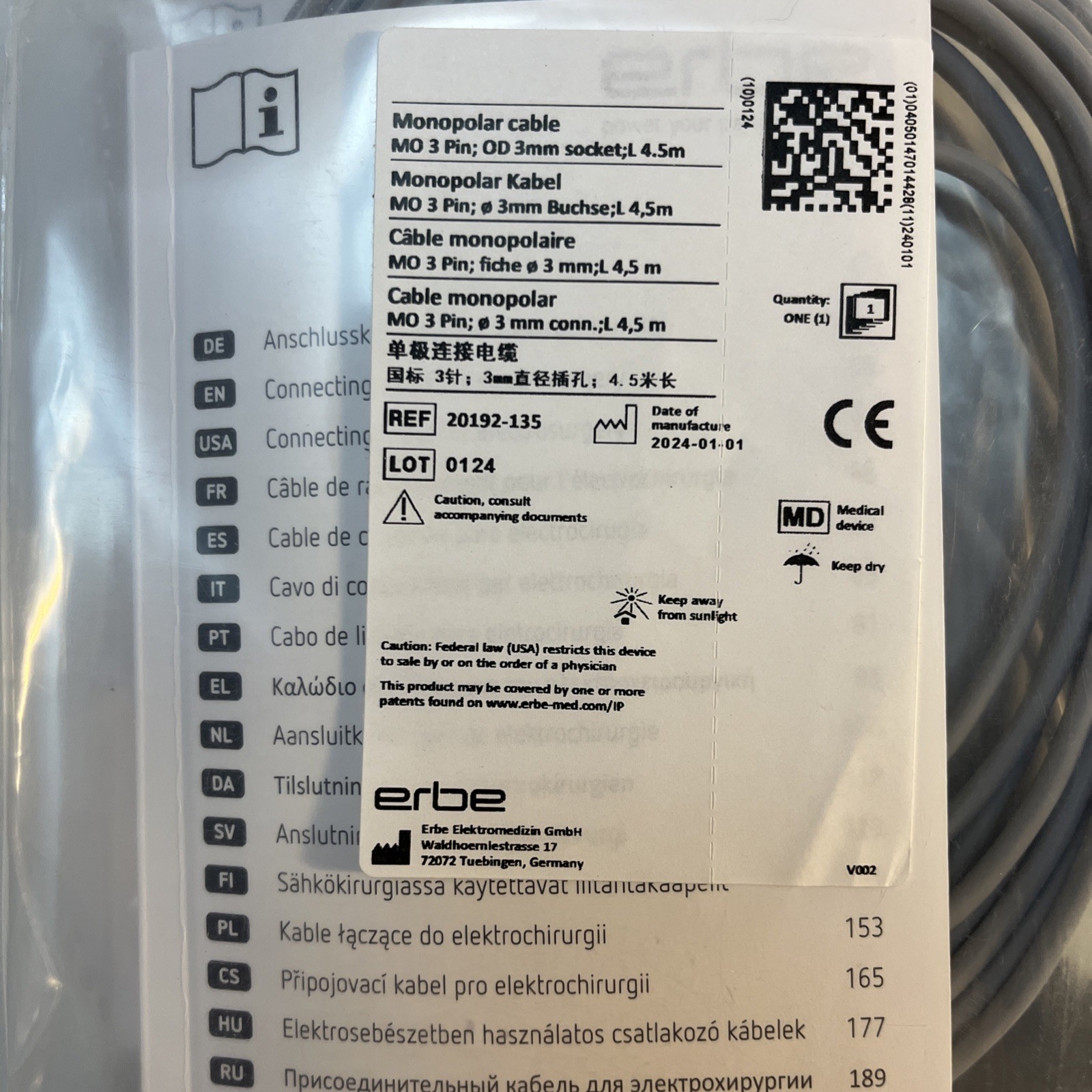 Erbe Monopolar Cable 3 Pin OD 3mm Socket 4.5m REF 20192-135